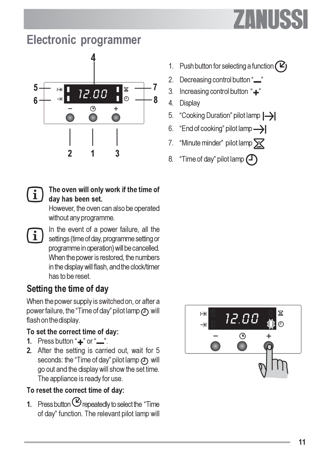 Zanussi ZOU 481 manual Electronic programmer, Setting the time of day, Oven will only work if the time of day has been set 