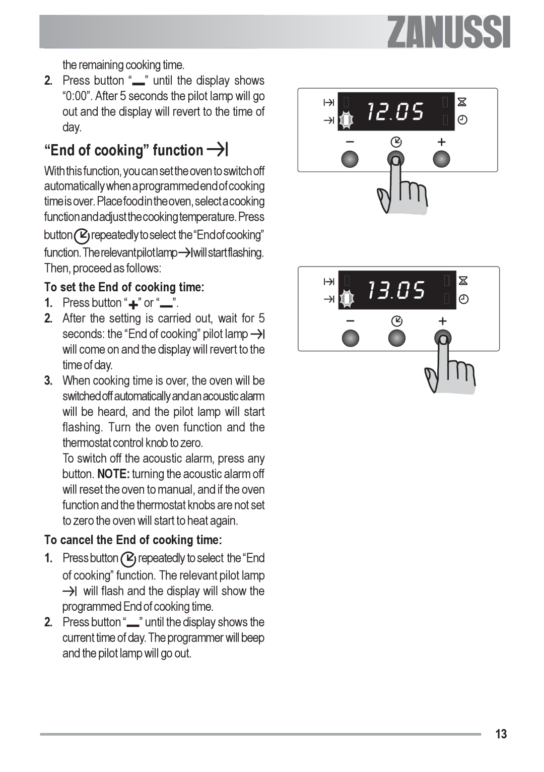 Zanussi ZOU 481 End of cooking function, To set the End of cooking time, To cancel the End of cooking time Press button 