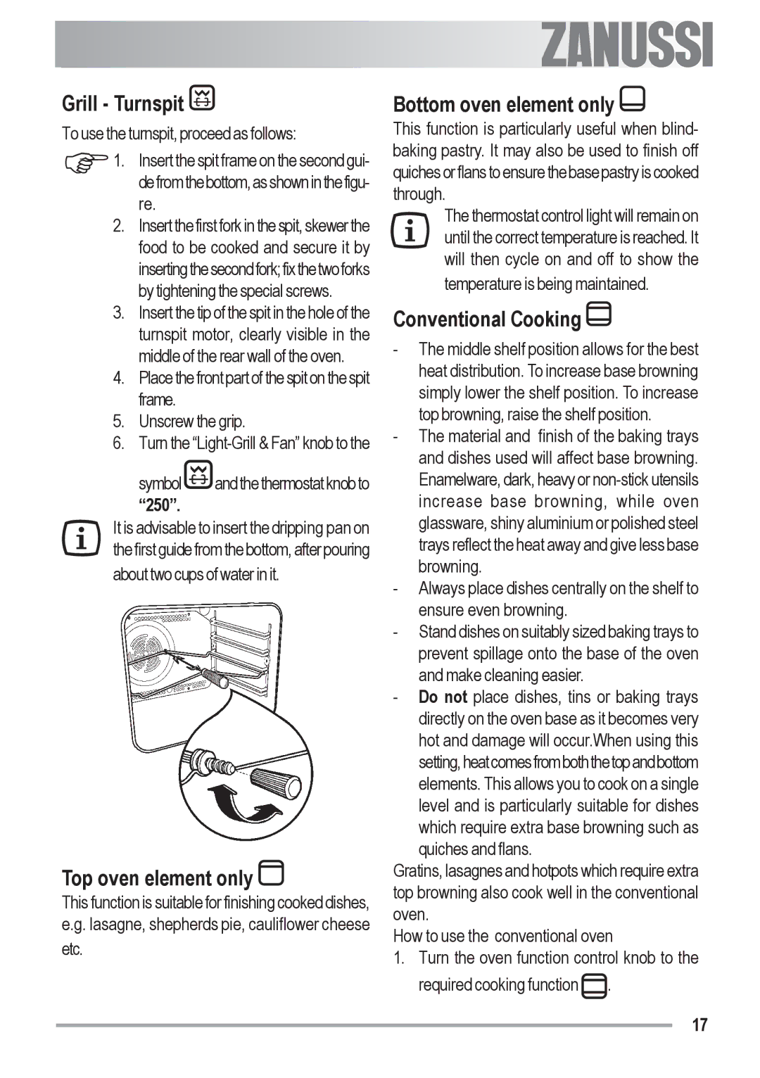 Zanussi ZOU 481 manual Grill Turnspit, Top oven element only, Bottom oven element only, Conventional Cooking, 250 