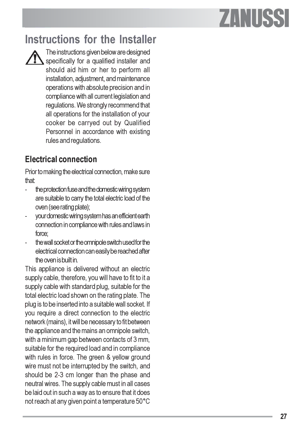 Zanussi ZOU 481 manual Instructions for the Installer, Electrical connection 