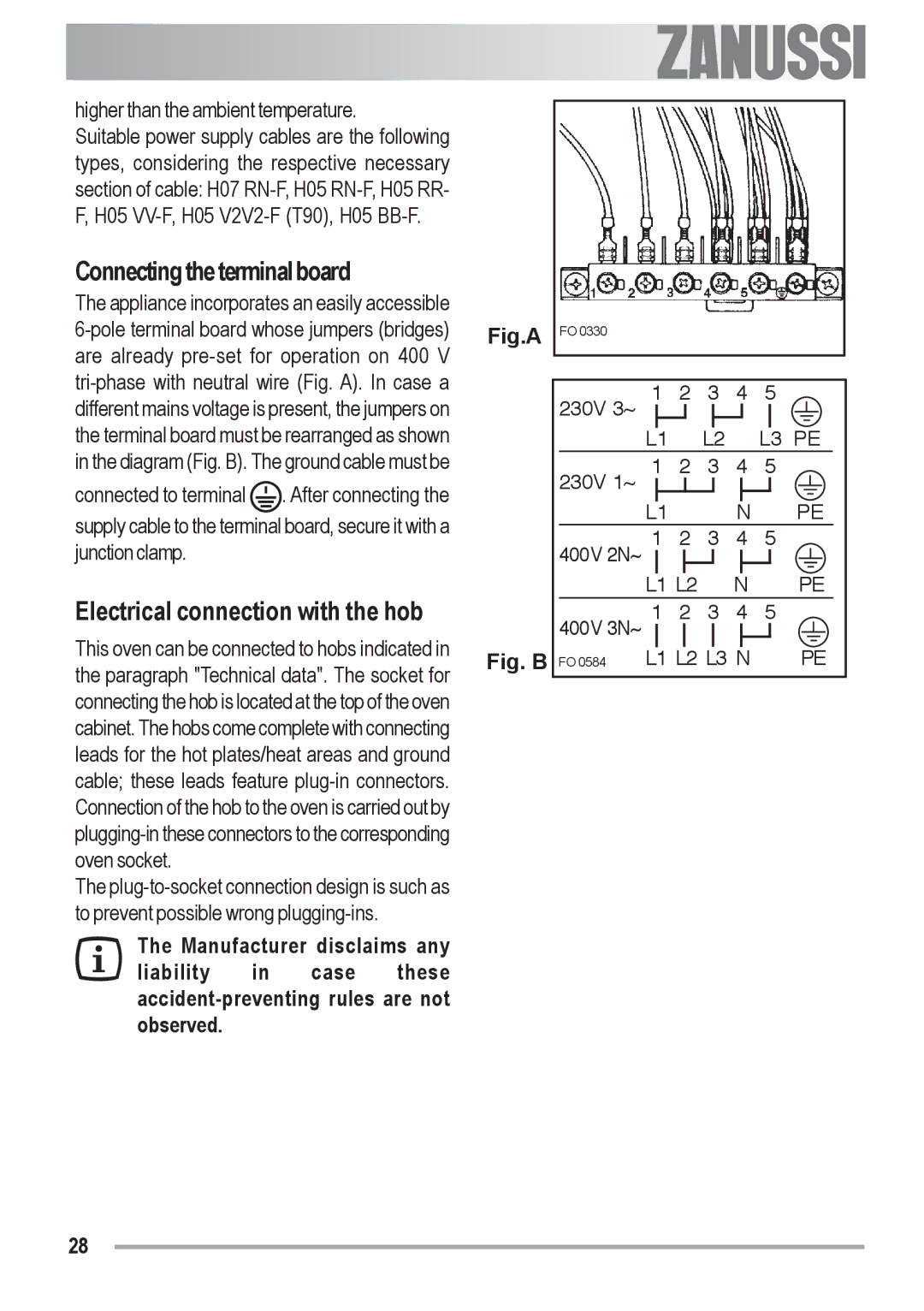 Zanussi ZOU 481 manual Connecting the terminal board, Electrical connection with the hob 