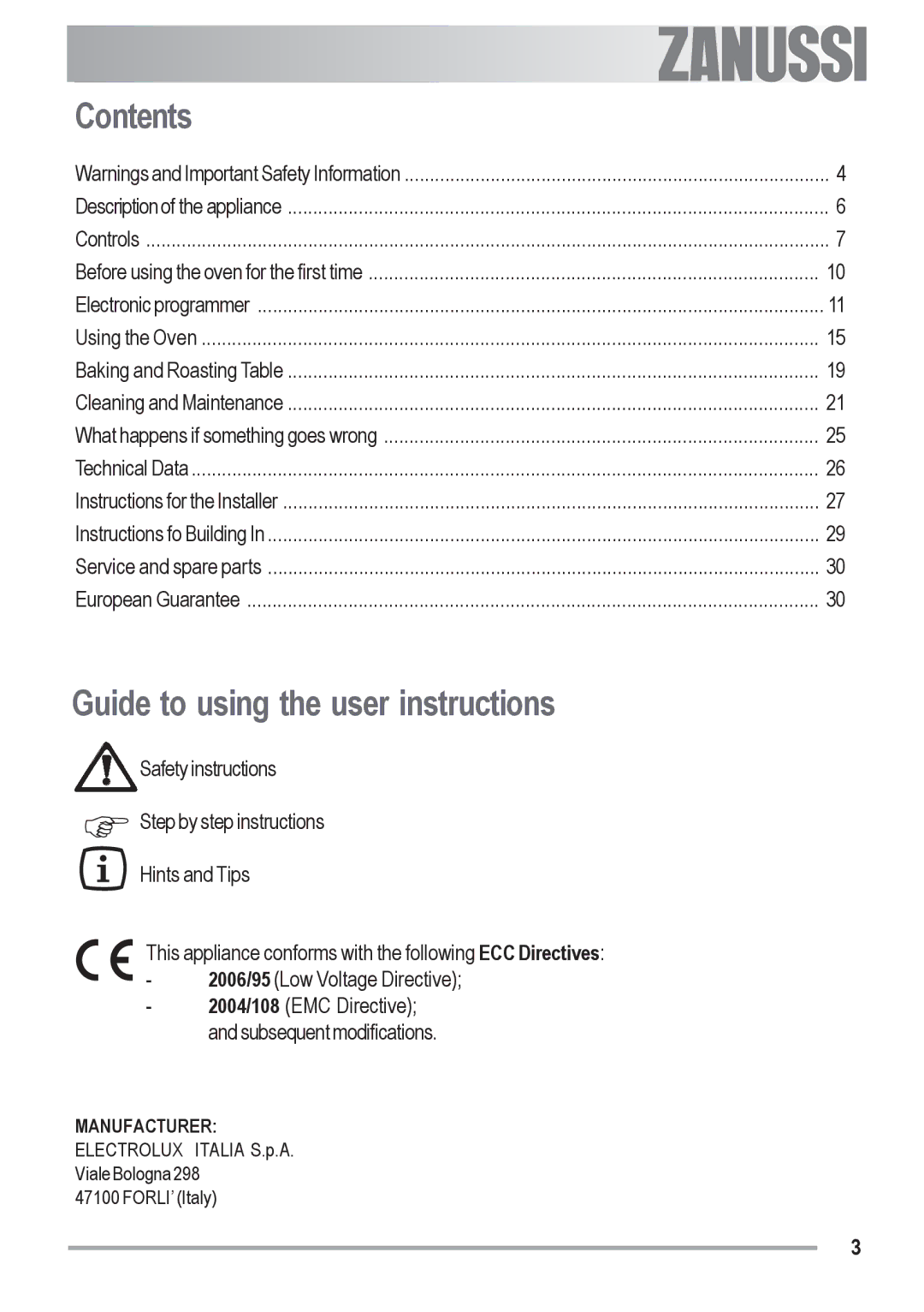 Zanussi ZOU 481 manual Contents, Guide to using the user instructions 