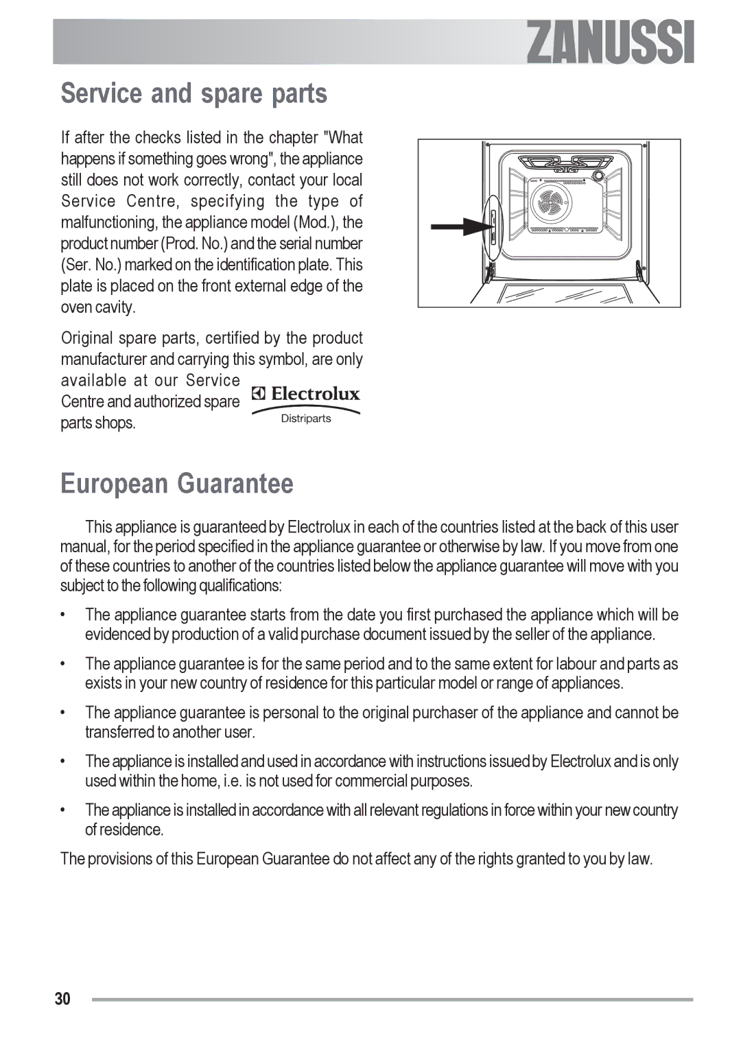 Zanussi ZOU 481 manual Service and spare parts, European Guarantee 