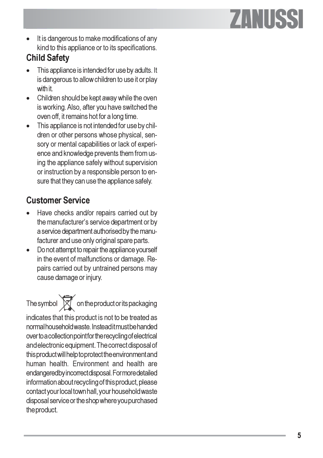 Zanussi ZOU 481 manual Child Safety, Customer Service 