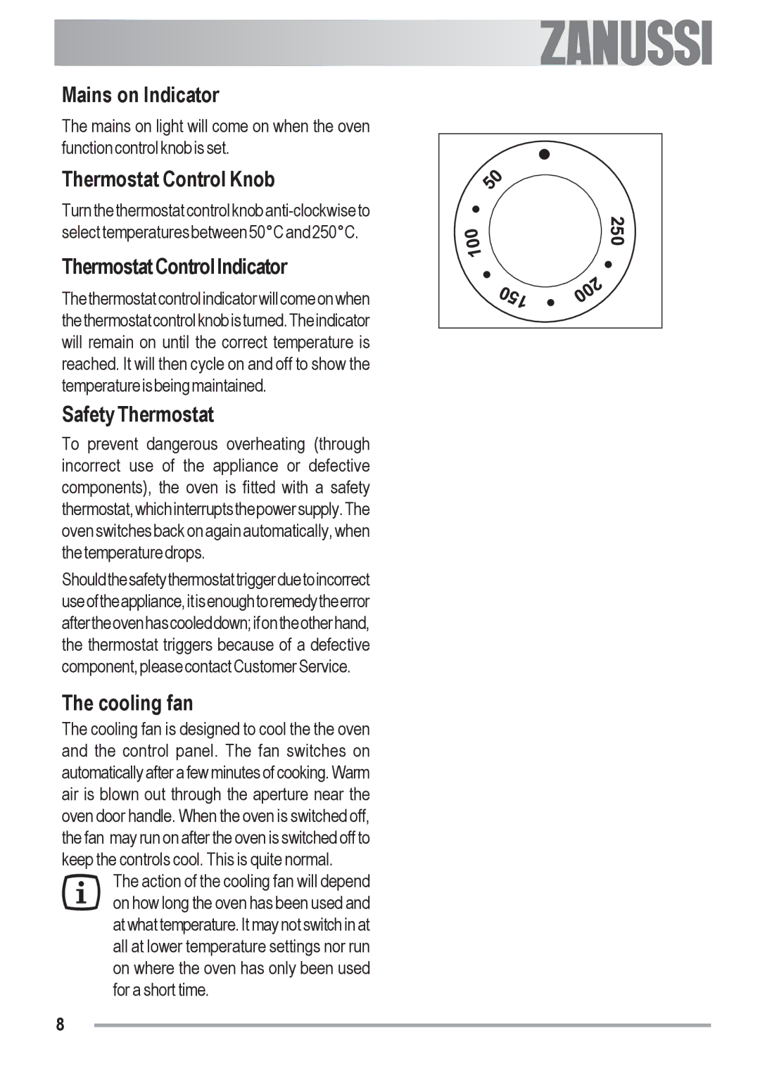 Zanussi ZOU 481 Mains on Indicator, Thermostat Control Knob, Thermostat Control Indicator, Safety Thermostat, Cooling fan 