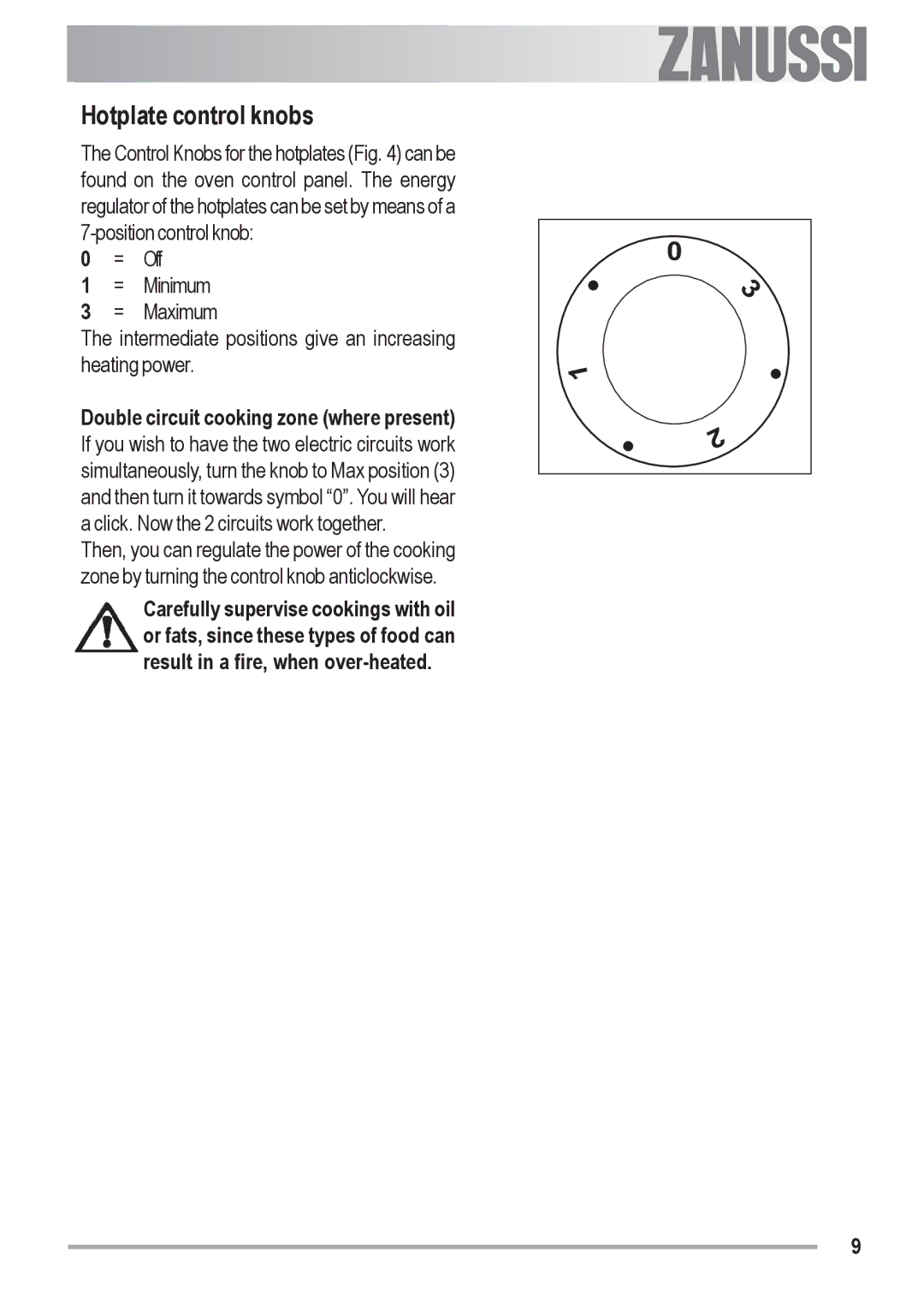 Zanussi ZOU 481 manual Hotplate control knobs 