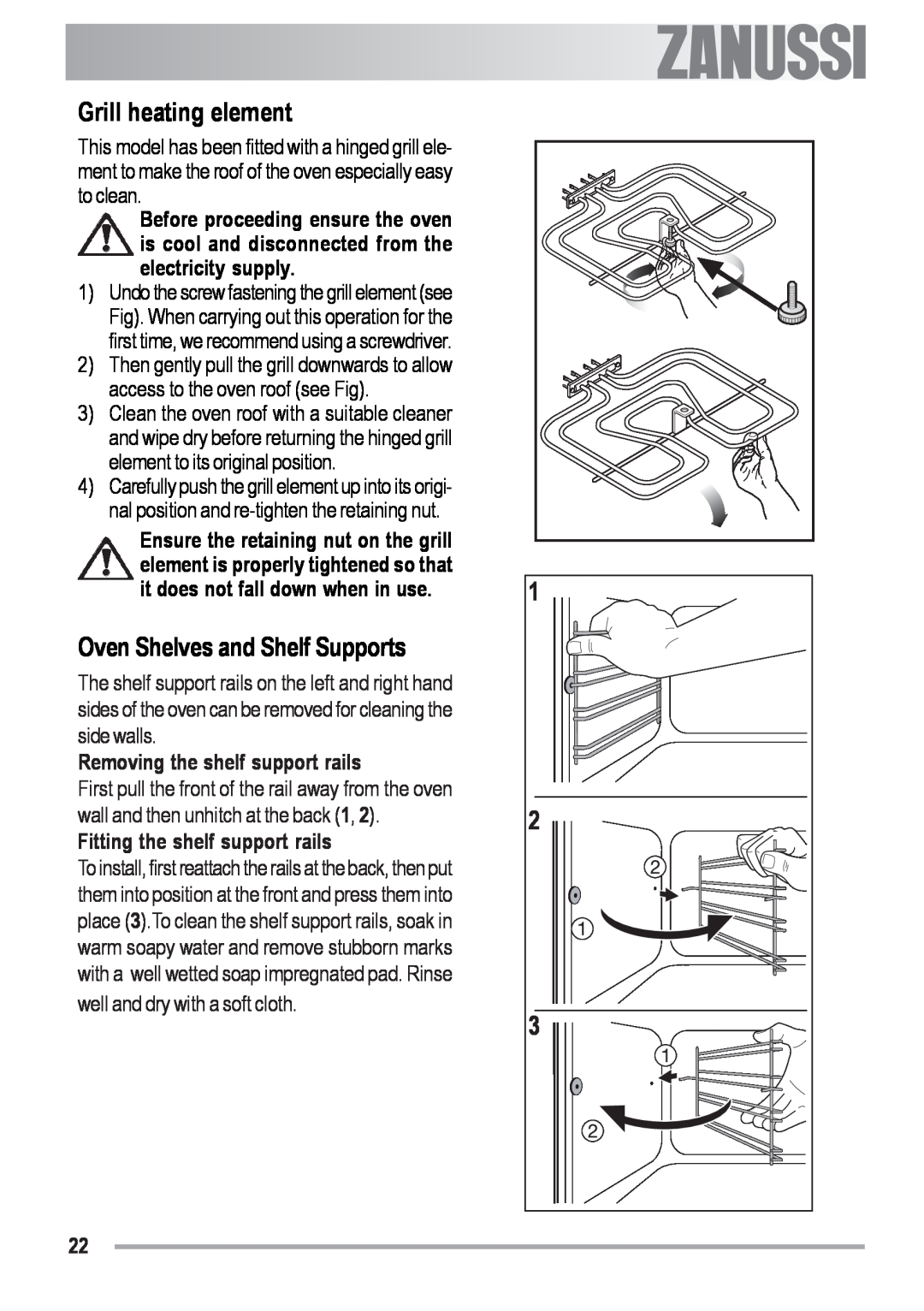 Zanussi ZOU 481 manual electrolux, Removing the shelf support rails, Fitting the shelf support rails, Grill heating element 