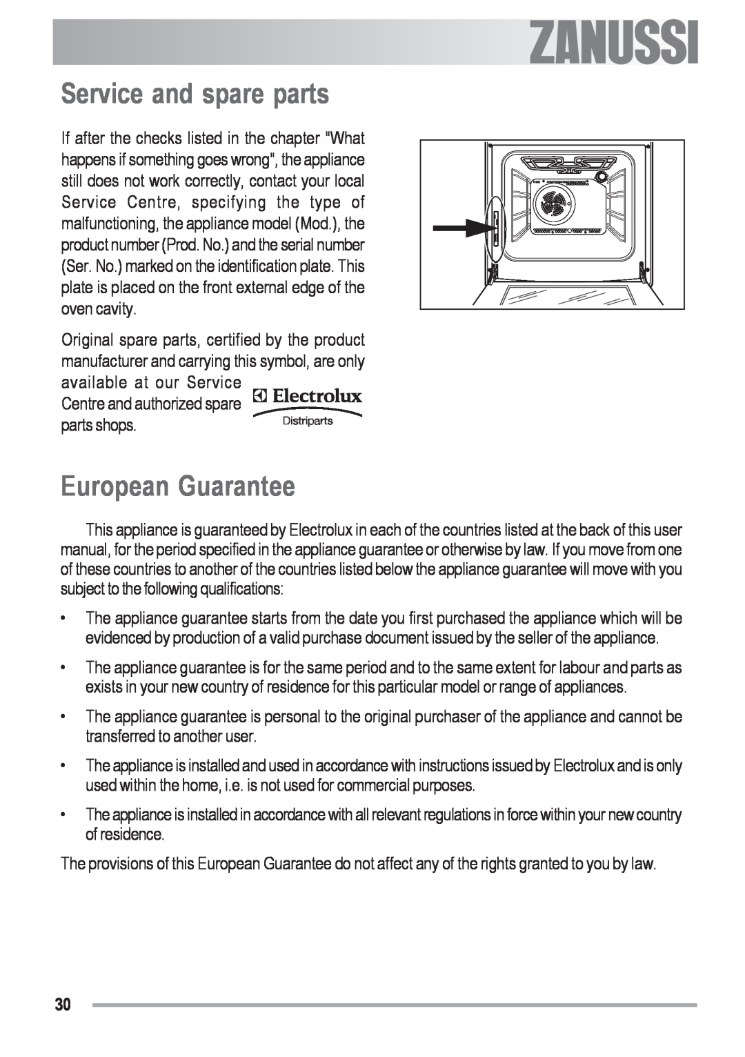 Zanussi ZOU 481 manual Service and spare parts, European Guarantee, electrolux, Centre and authorized spare parts shops 