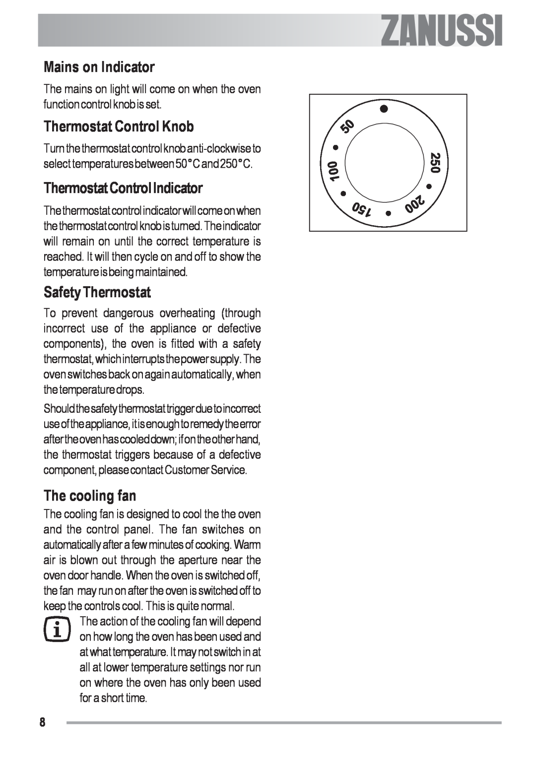 Zanussi ZOU 481 Mains on Indicator, Thermostat Control Knob, Thermostat Control Indicator, Safety Thermostat, electrolux 