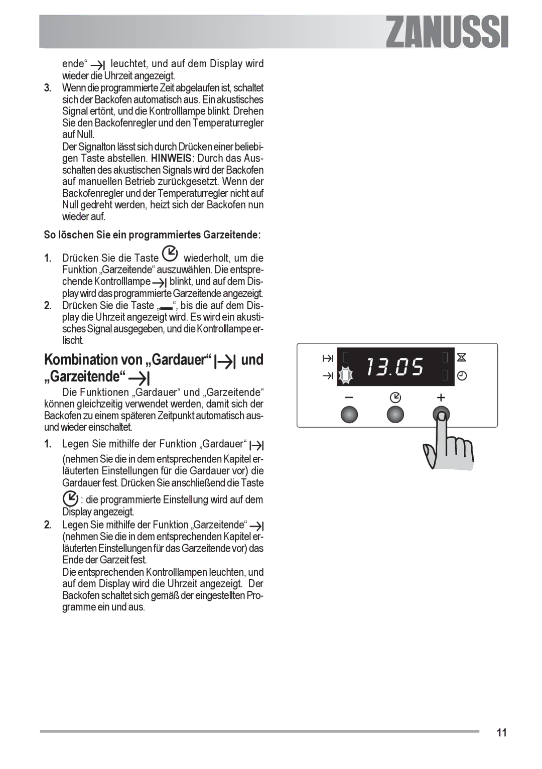 Zanussi ZOU 482 user manual Kombination von „Gardauer, „Garzeitende, So löschen Sie ein programmiertes Garzeitende, Lischt 