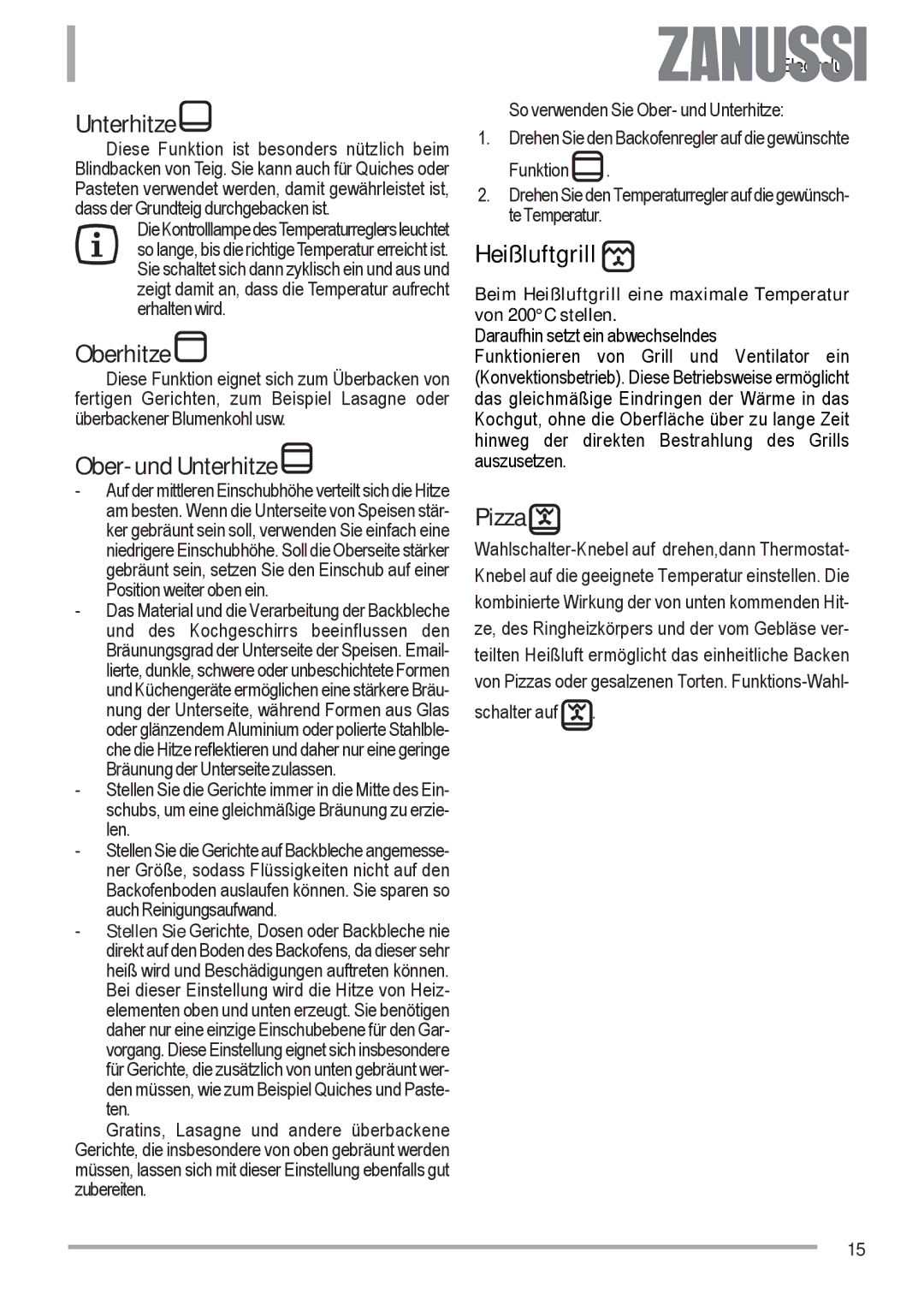 Zanussi ZOU 482 user manual Oberhitze, Ober- und Unterhitze, Pizza 