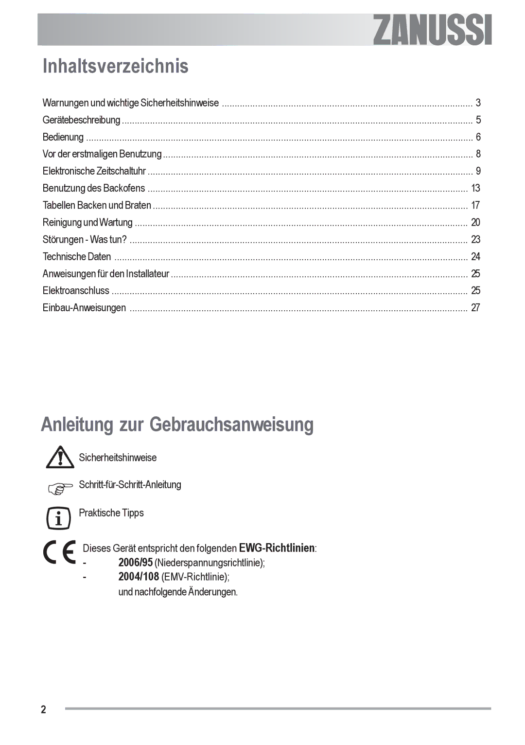 Zanussi ZOU 482 user manual Inhaltsverzeichnis, Anleitung zur Gebrauchsanweisung, Electrolux 