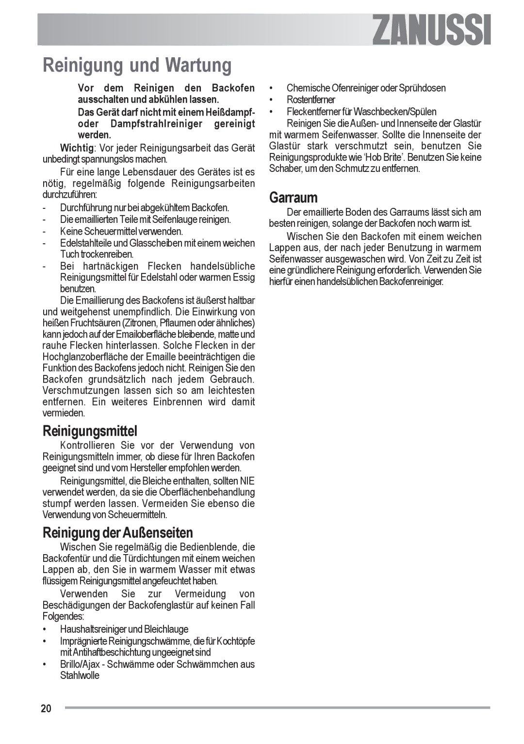 Zanussi ZOU 482 user manual Reinigung und Wartung, Reinigungsmittel, Reinigung der Außenseiten, Garraum 