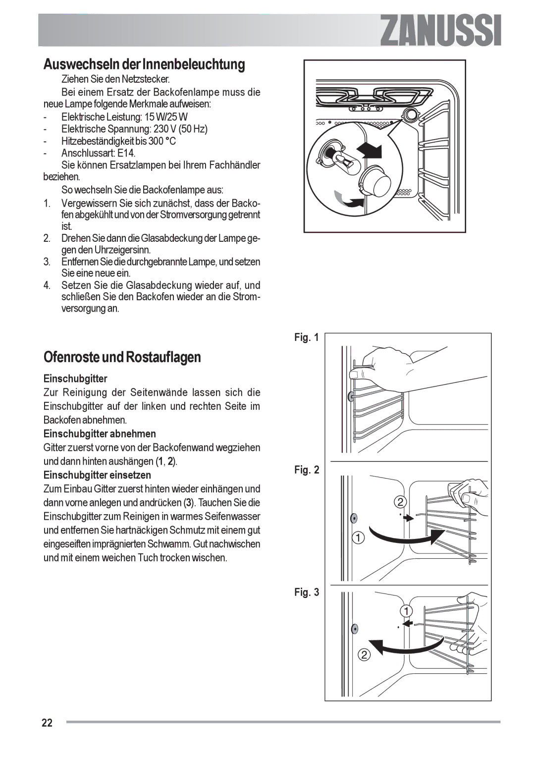 Zanussi ZOU 482 user manual Auswechseln der Innenbeleuchtung, Ofenroste und Rostauflagen, Einschubgitter abnehmen 