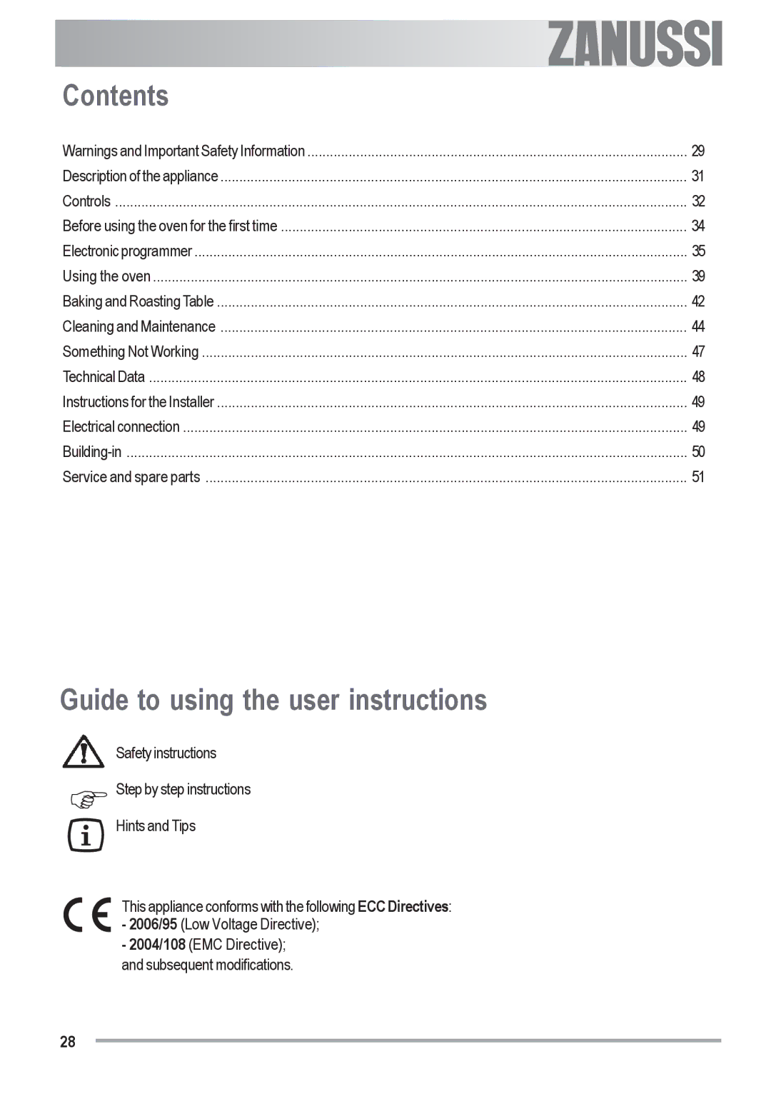 Zanussi ZOU 482 user manual Contents, Guide to using the user instructions 