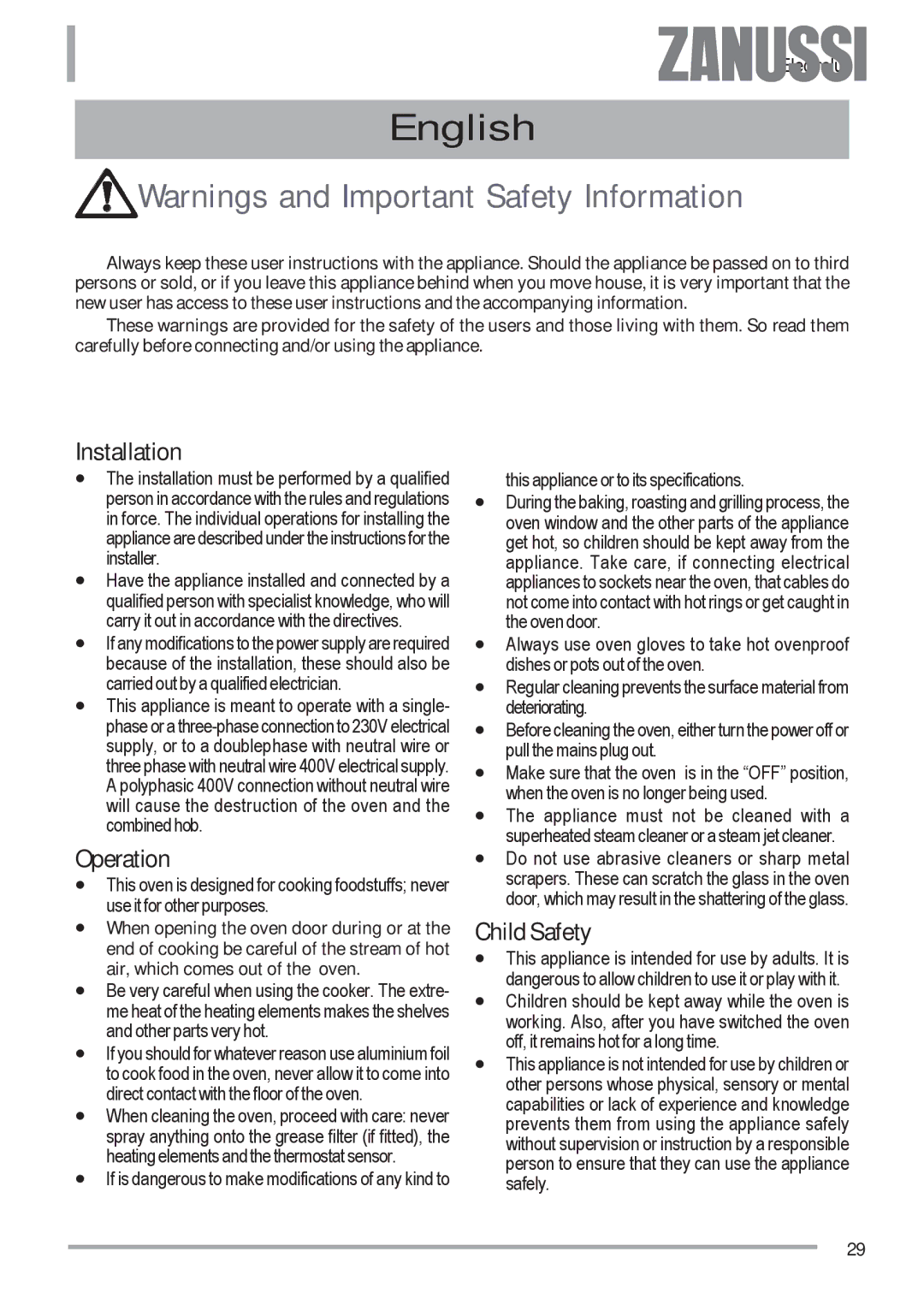 Zanussi ZOU 482 user manual Installation, Operation, Child Safety 