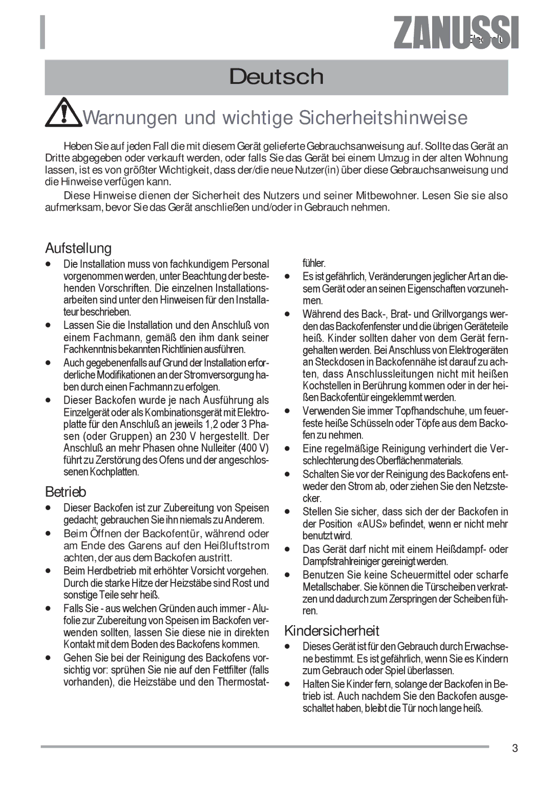 Zanussi ZOU 482 user manual Warnungen und wichtige Sicherheitshinweise, Aufstellung, Betrieb, Kindersicherheit, Electrolux 