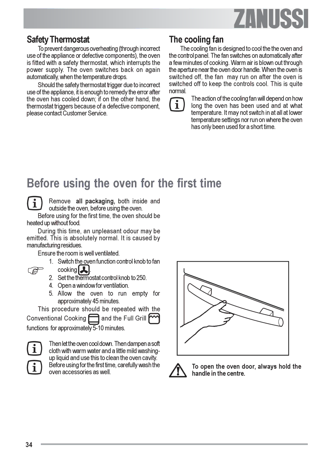 Zanussi ZOU 482 user manual Before using the oven for the first time, Safety Thermostat, Cooling fan 