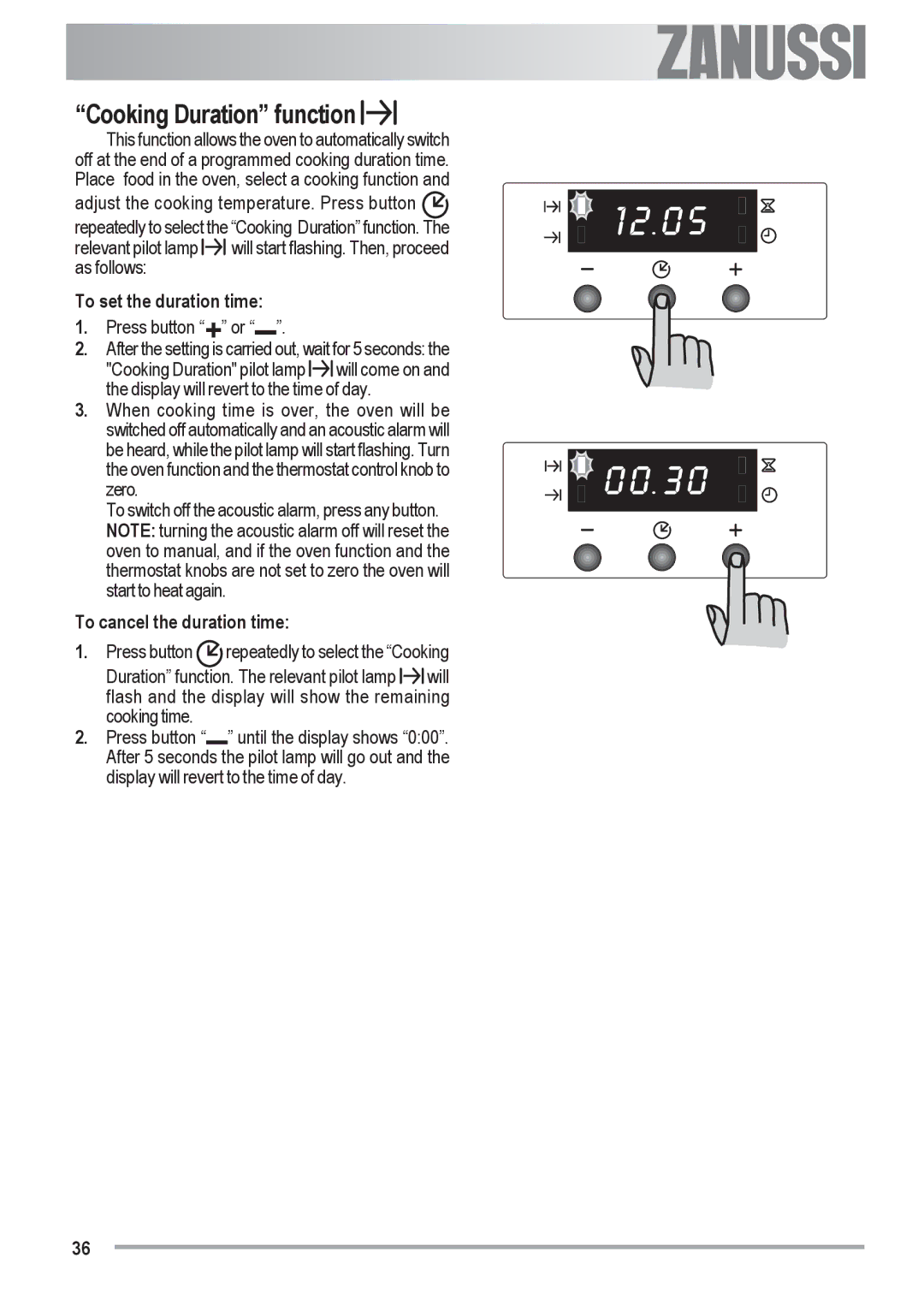 Zanussi ZOU 482 user manual Cooking Duration function, To set the duration time, To cancel the duration time 