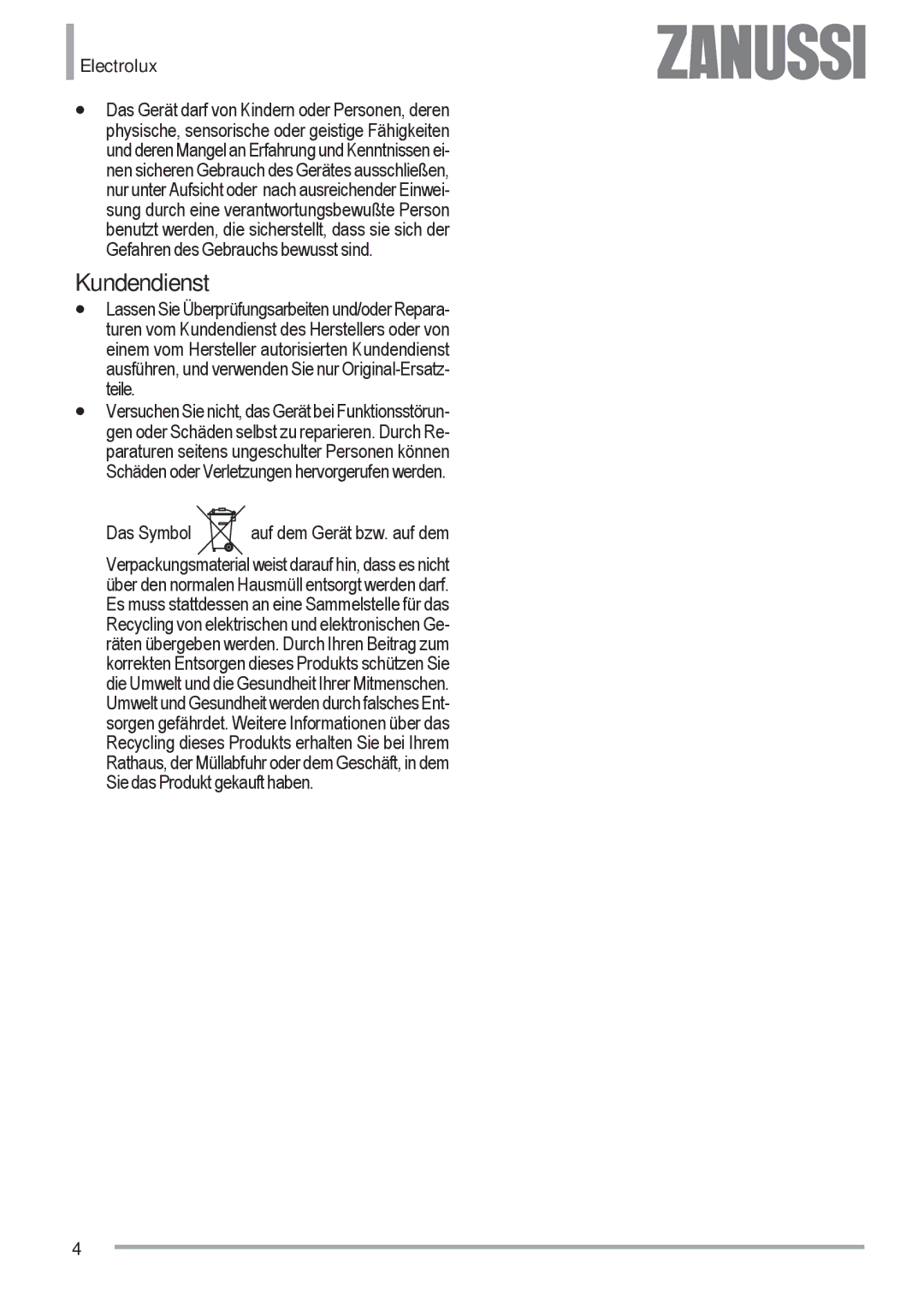 Zanussi ZOU 482 user manual Kundendienst 