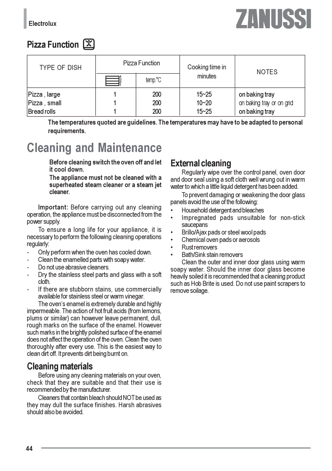 Zanussi ZOU 482 user manual Cleaning and Maintenance, Pizza Function, Cleaning materials, External cleaning 