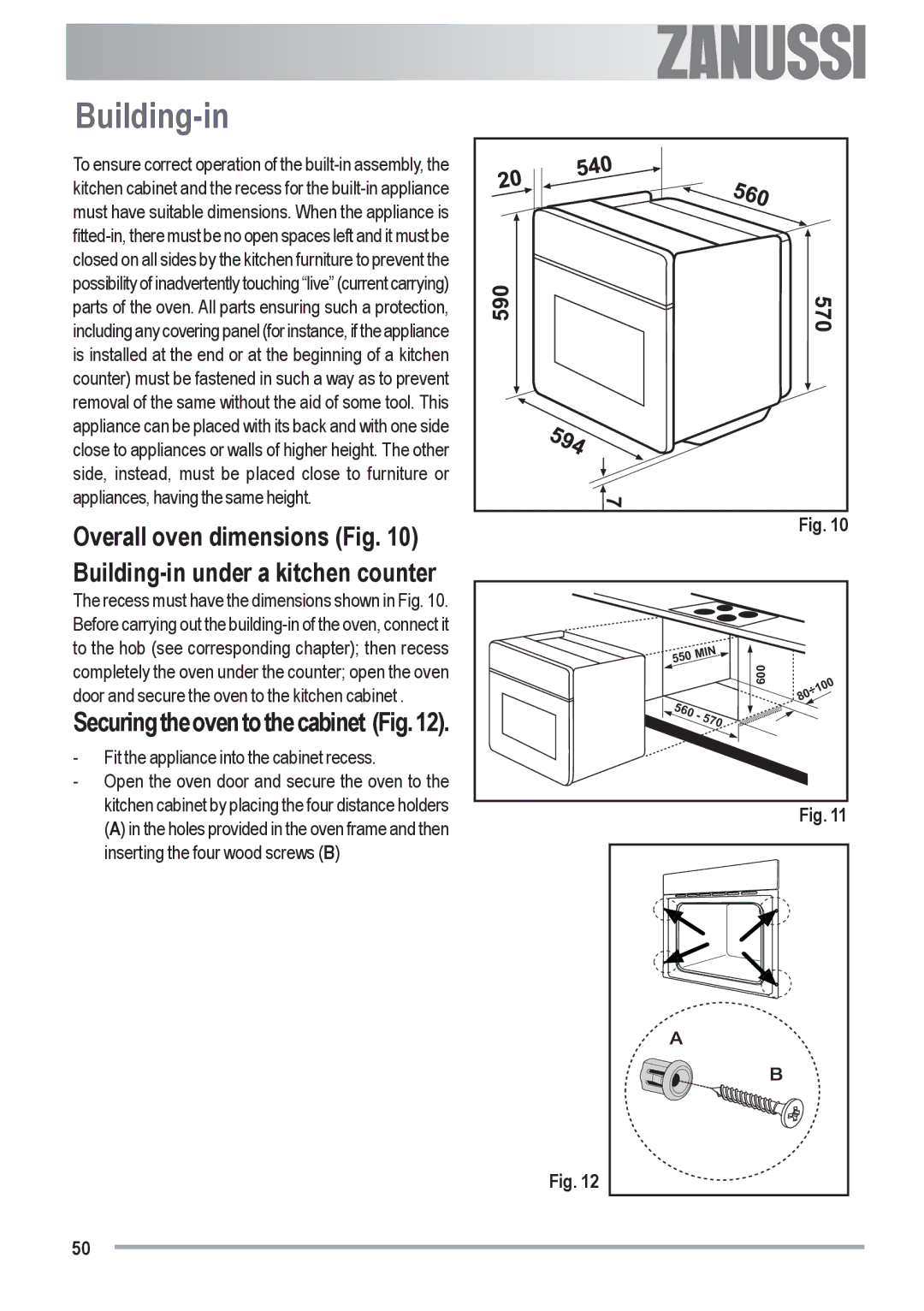 Zanussi ZOU 482 user manual Overall oven dimensions Building-in under a kitchen counter 