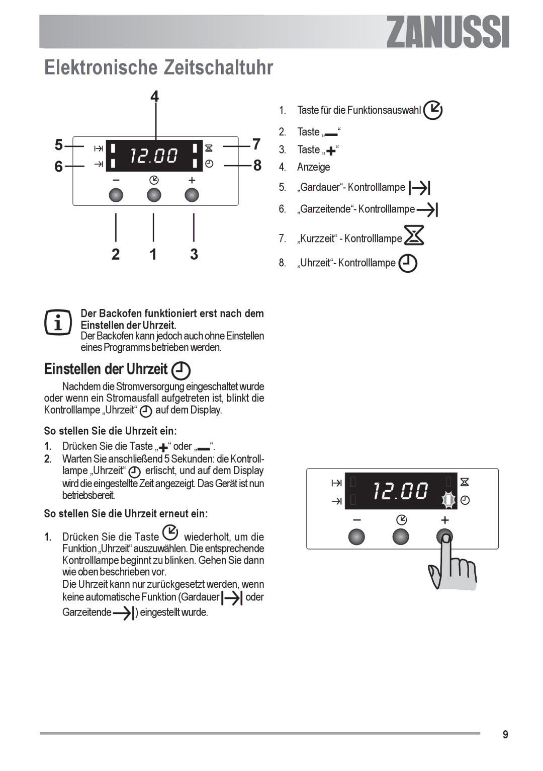 Zanussi ZOU 482 user manual Elektronische Zeitschaltuhr, Einstellen der Uhrzeit, So stellen Sie die Uhrzeit ein 