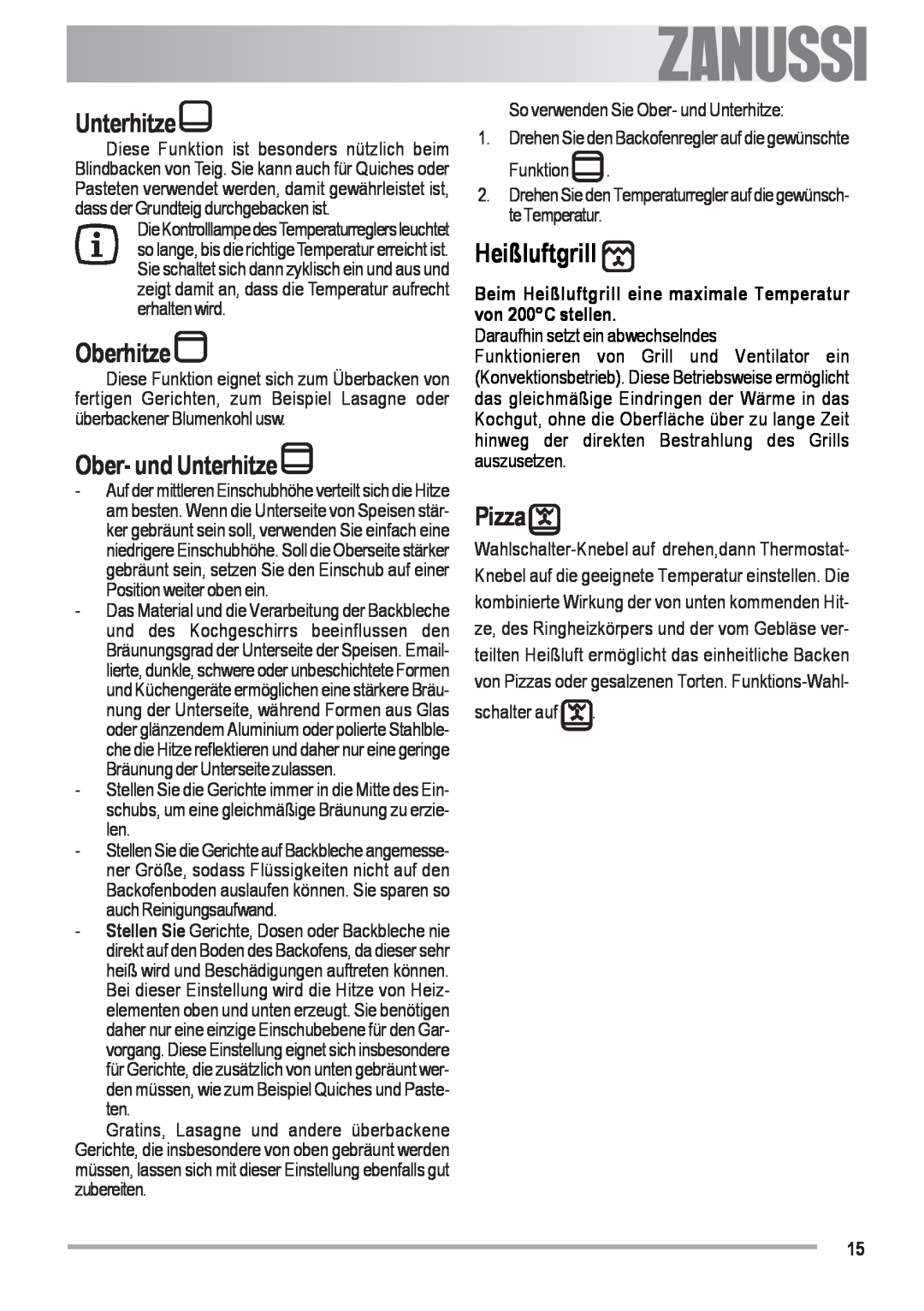 Zanussi ZOU 482 user manual Oberhitze, Ober- und Unterhitze, Heißluftgrill, Pizza, Funktion, schalter auf 
