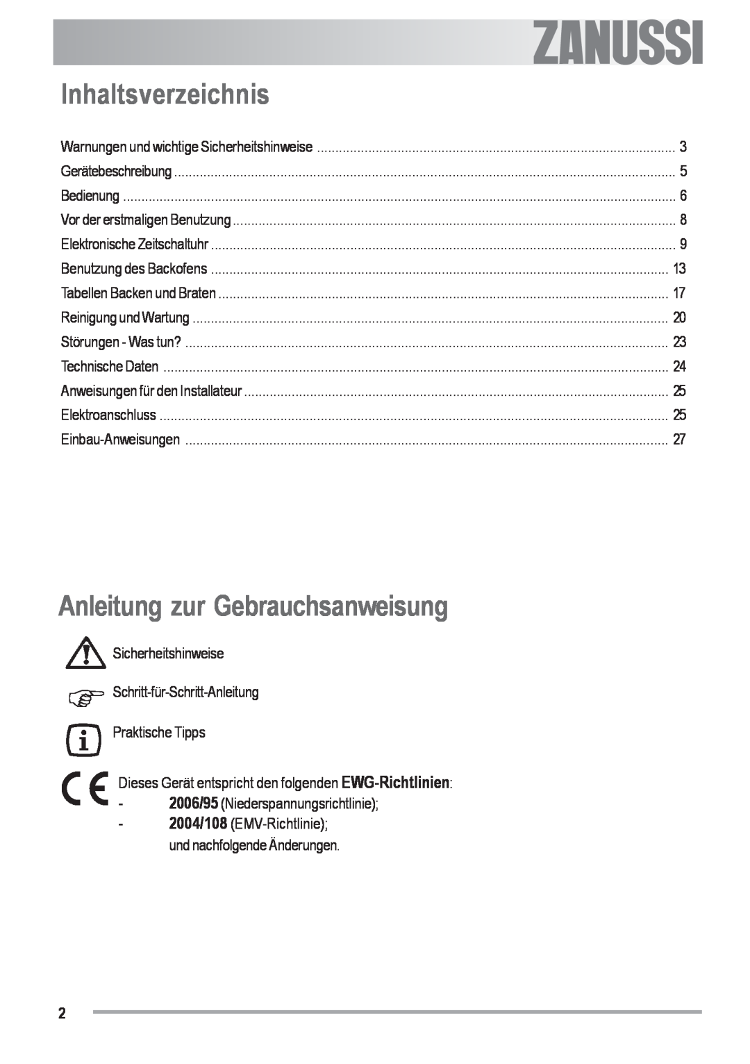 Zanussi ZOU 482 Inhaltsverzeichnis, Anleitung zur Gebrauchsanweisung, Electrolux, 2006/95 Niederspannungsrichtlinie 