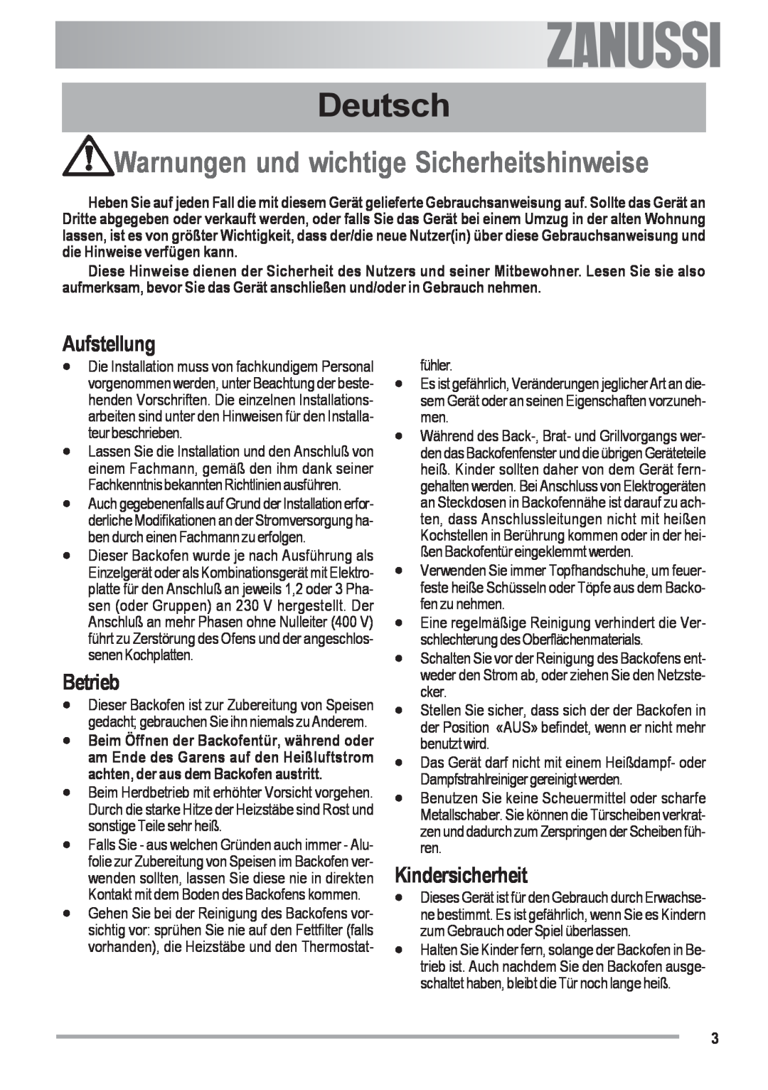 Zanussi ZOU 482 Deutsch, Warnungen und wichtige Sicherheitshinweise, Aufstellung, Betrieb, Kindersicherheit, Electrolux 