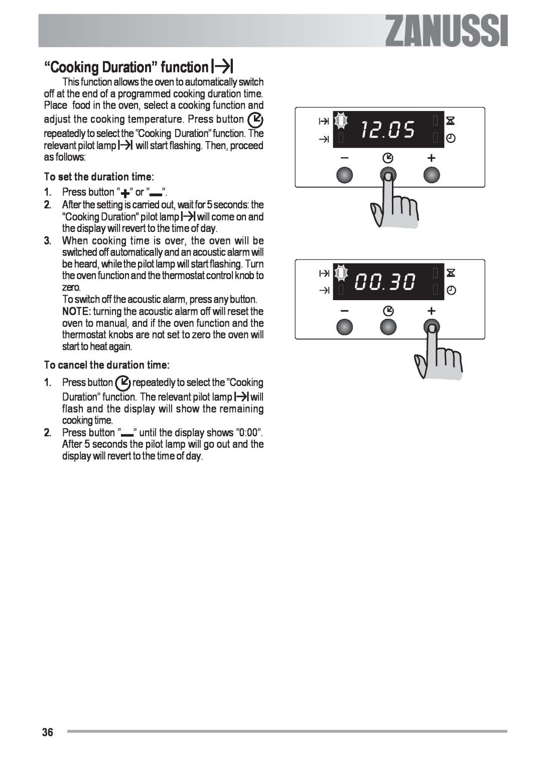 Zanussi ZOU 482 “Cooking Duration” function, as follows, To set the duration time, To cancel the duration time, Electrolux 