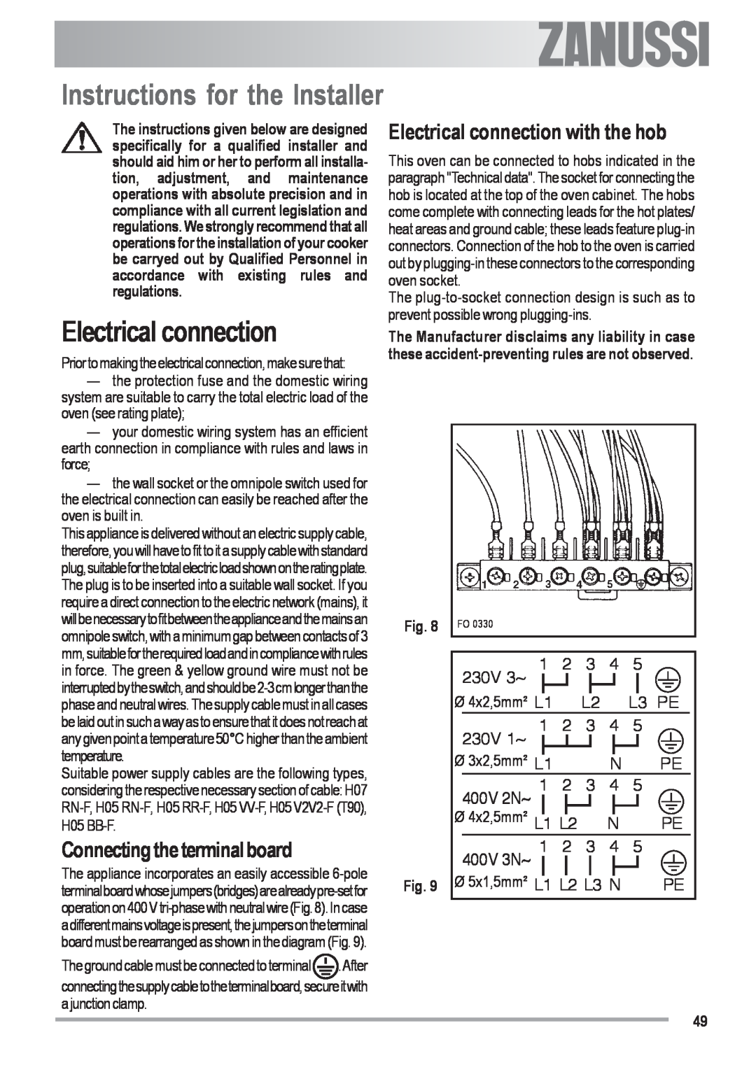 Zanussi ZOU 482 Instructions for the Installer, Connecting the terminal board, Electrical connection with the hob, 230V 3~ 