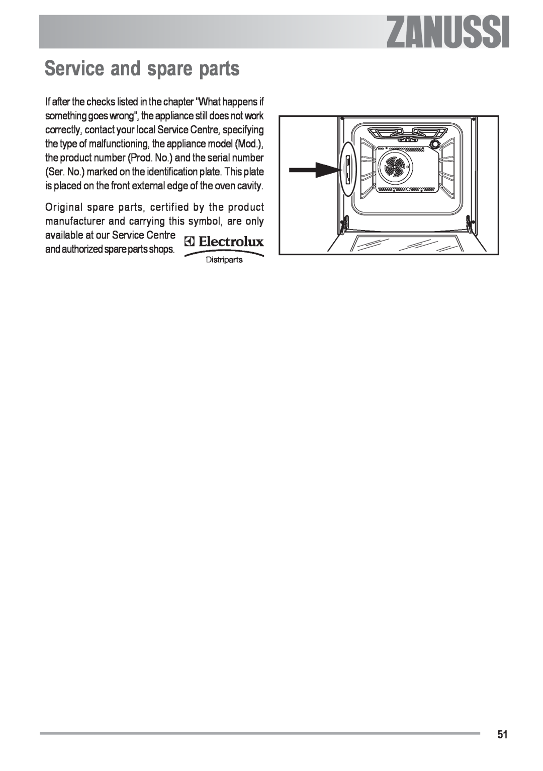 Zanussi ZOU 482 user manual Service and spare parts, and authorized spare parts shops, Electrolux 