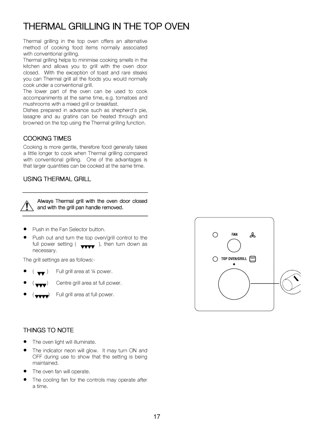 Zanussi ZOU 575 manual PushsettingstheFanSelectorbutton, Thermal Grilling in the TOP Oven 