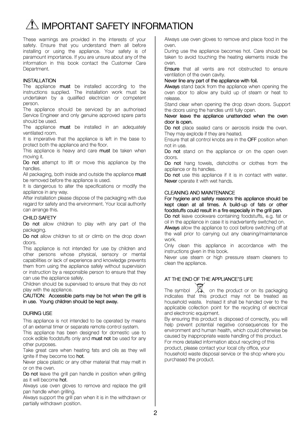 Zanussi ZOU 575 manual Important Safety Information 