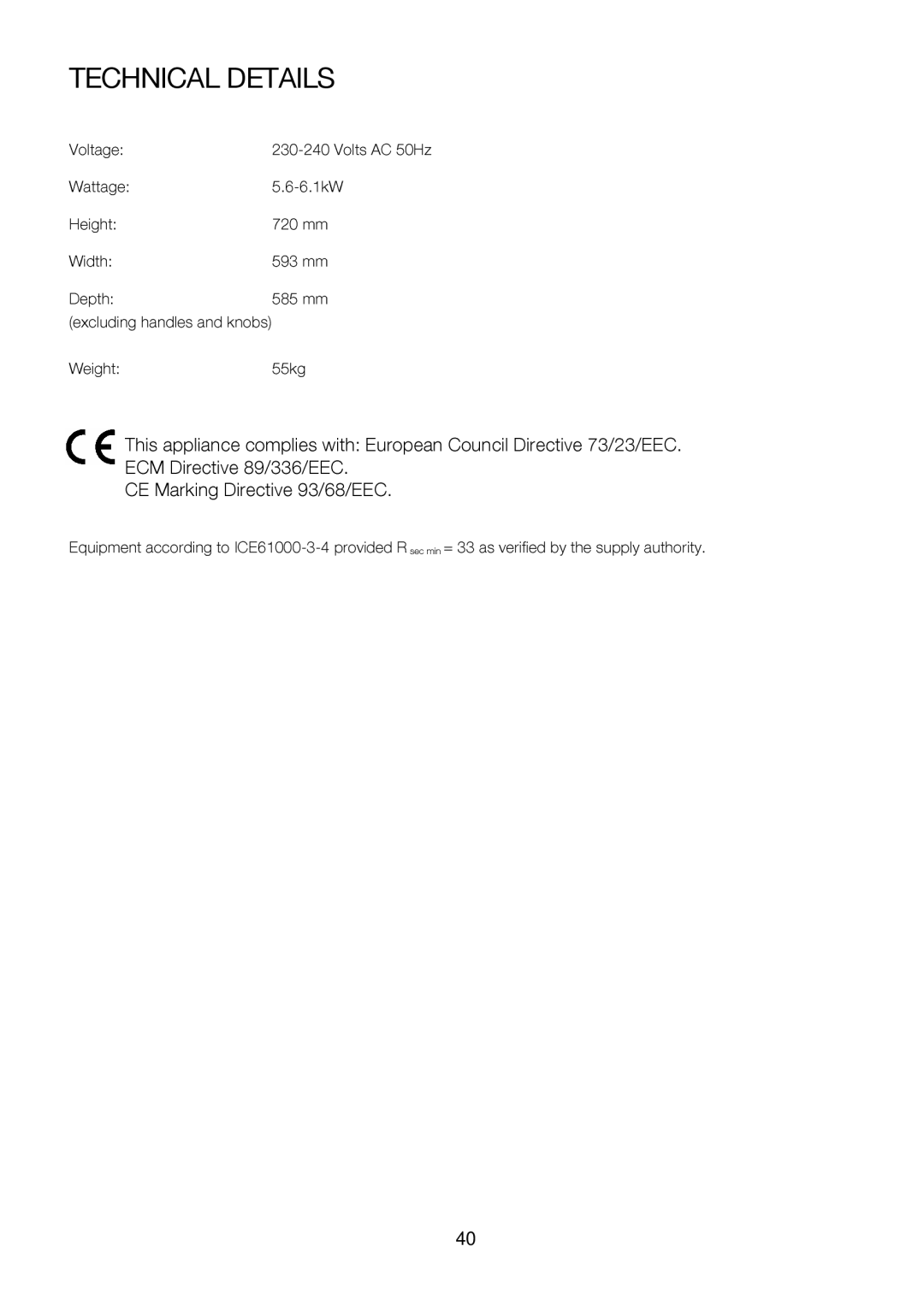 Zanussi ZOU 575 manual Technical Details 