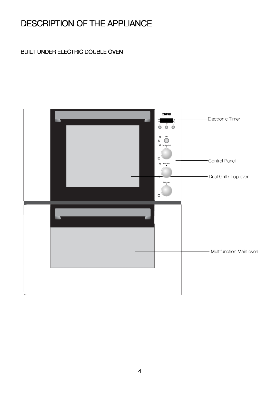 Zanussi ZOU 575 manual Description Of The Appliance, Builtunderelectricdoubleoven 