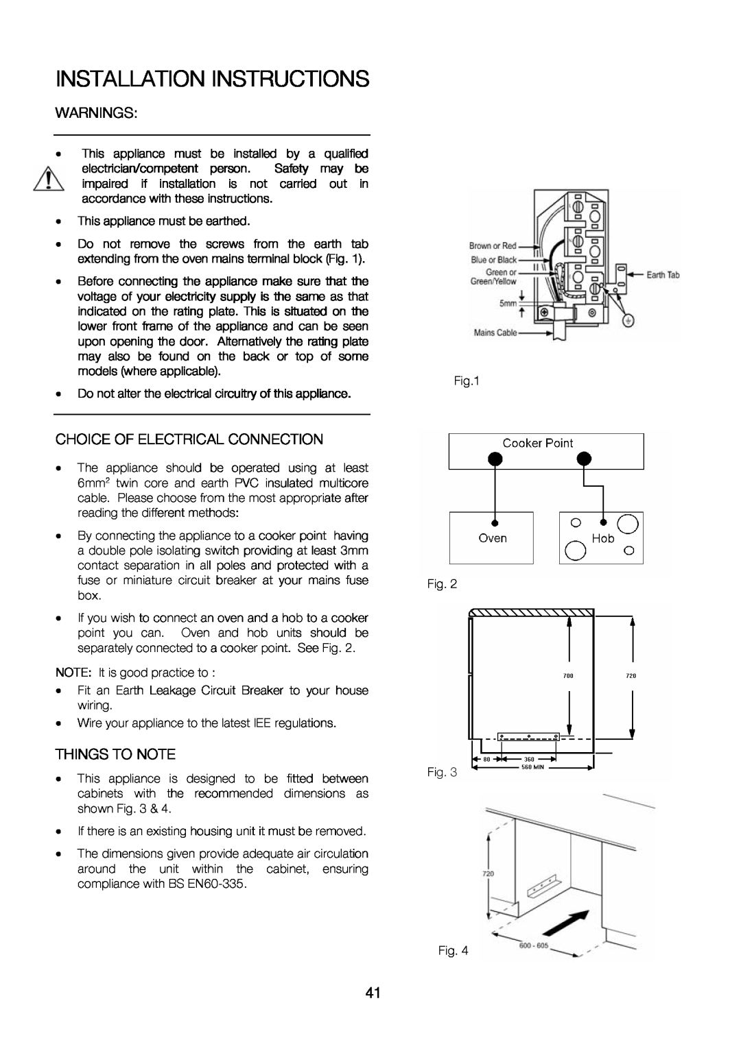 Zanussi ZOU 575 Fig.1 Fig, Warnings, Thisappliance ovearhed, IfTheisexisinghousingunititmustbe, Installation Instructions 