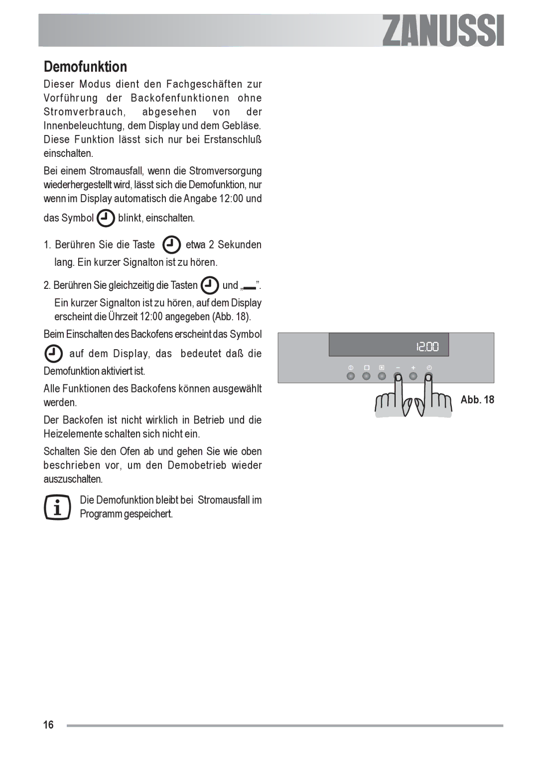 Zanussi ZOU 592 user manual Demofunktion 