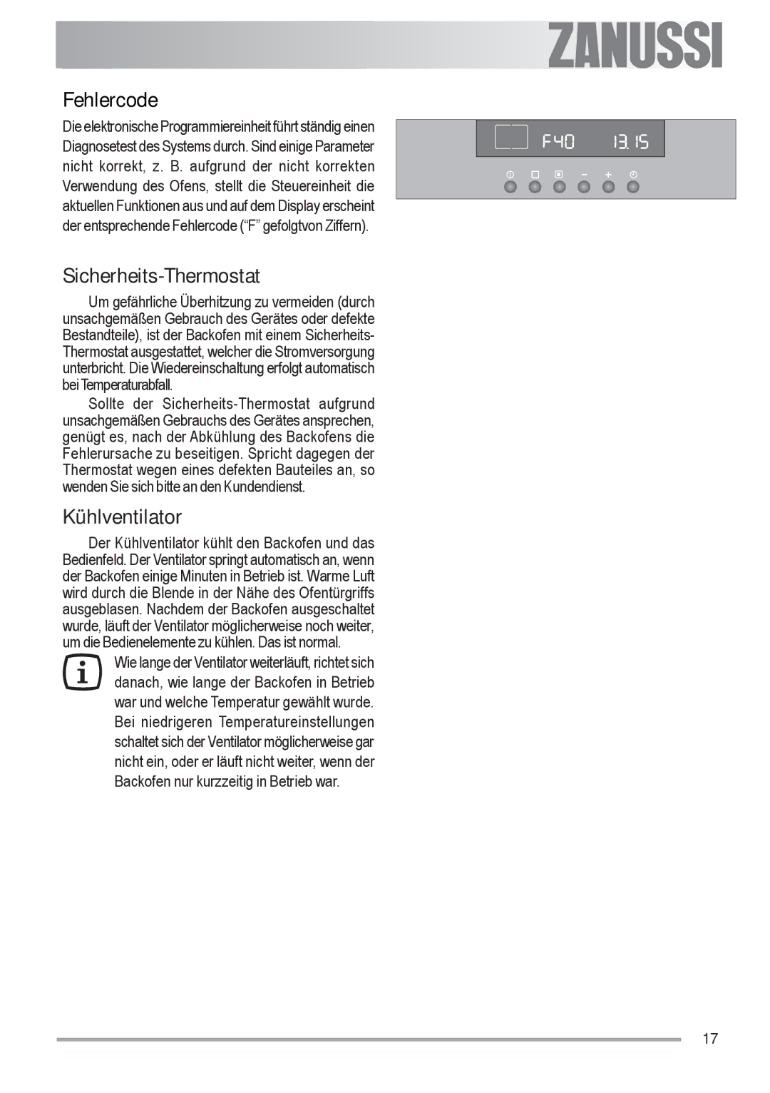 Zanussi ZOU 592 user manual Fehlercode, Sicherheits-Thermostat, Kühlventilator 