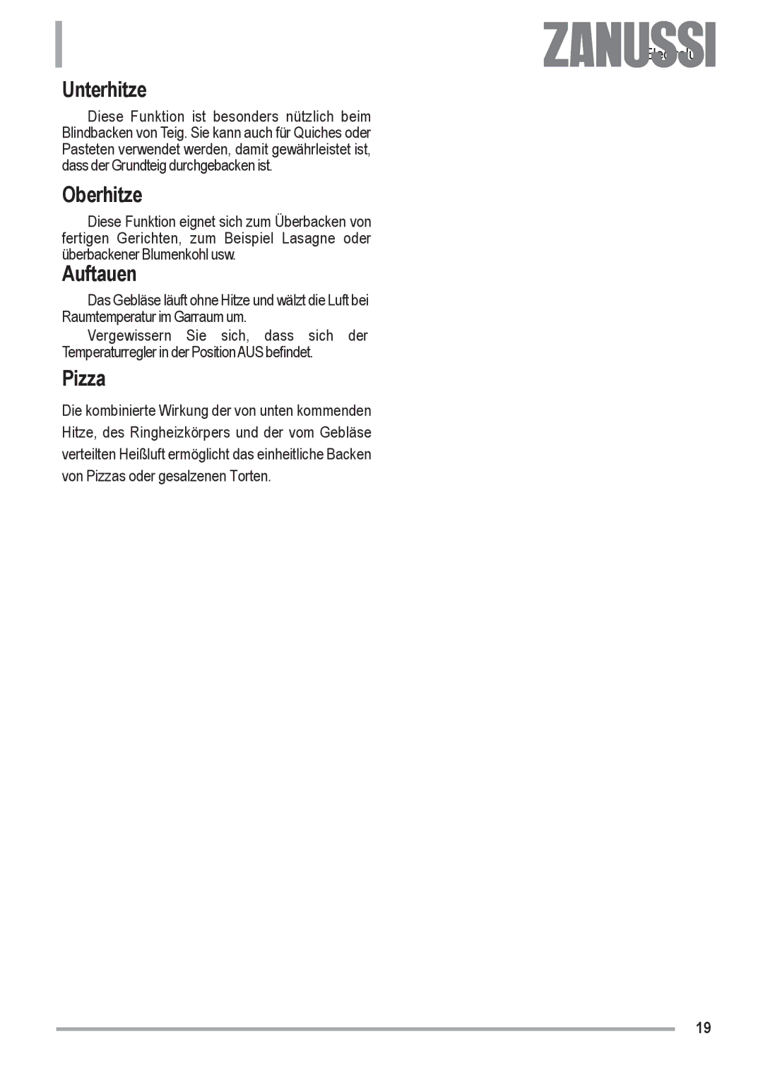 Zanussi ZOU 592 user manual Unterhitze 