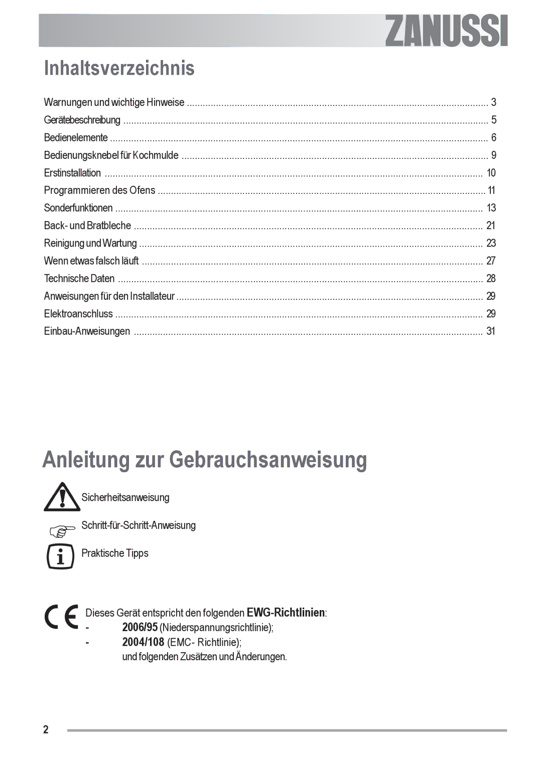 Zanussi ZOU 592 user manual Anleitung zur Gebrauchsanweisung, Inhaltsverzeichnis, Electrolux 