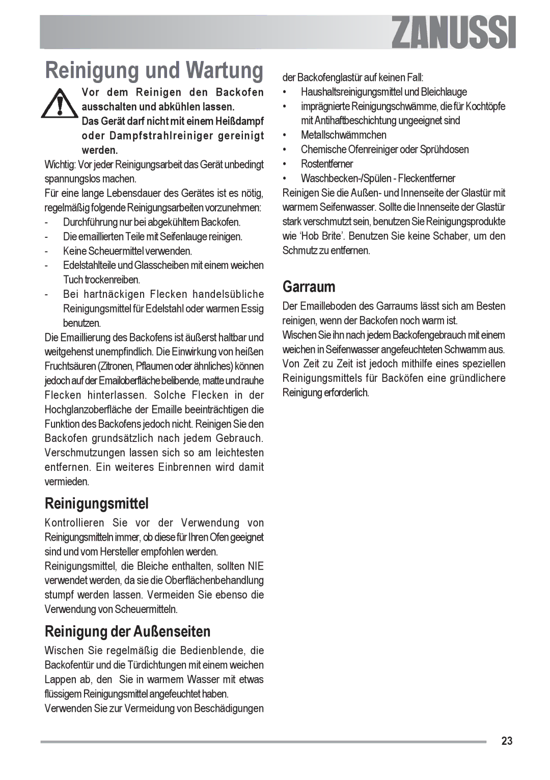 Zanussi ZOU 592 user manual Reinigung und Wartung, Reinigungsmittel, Reinigung der Außenseiten, Garraum 