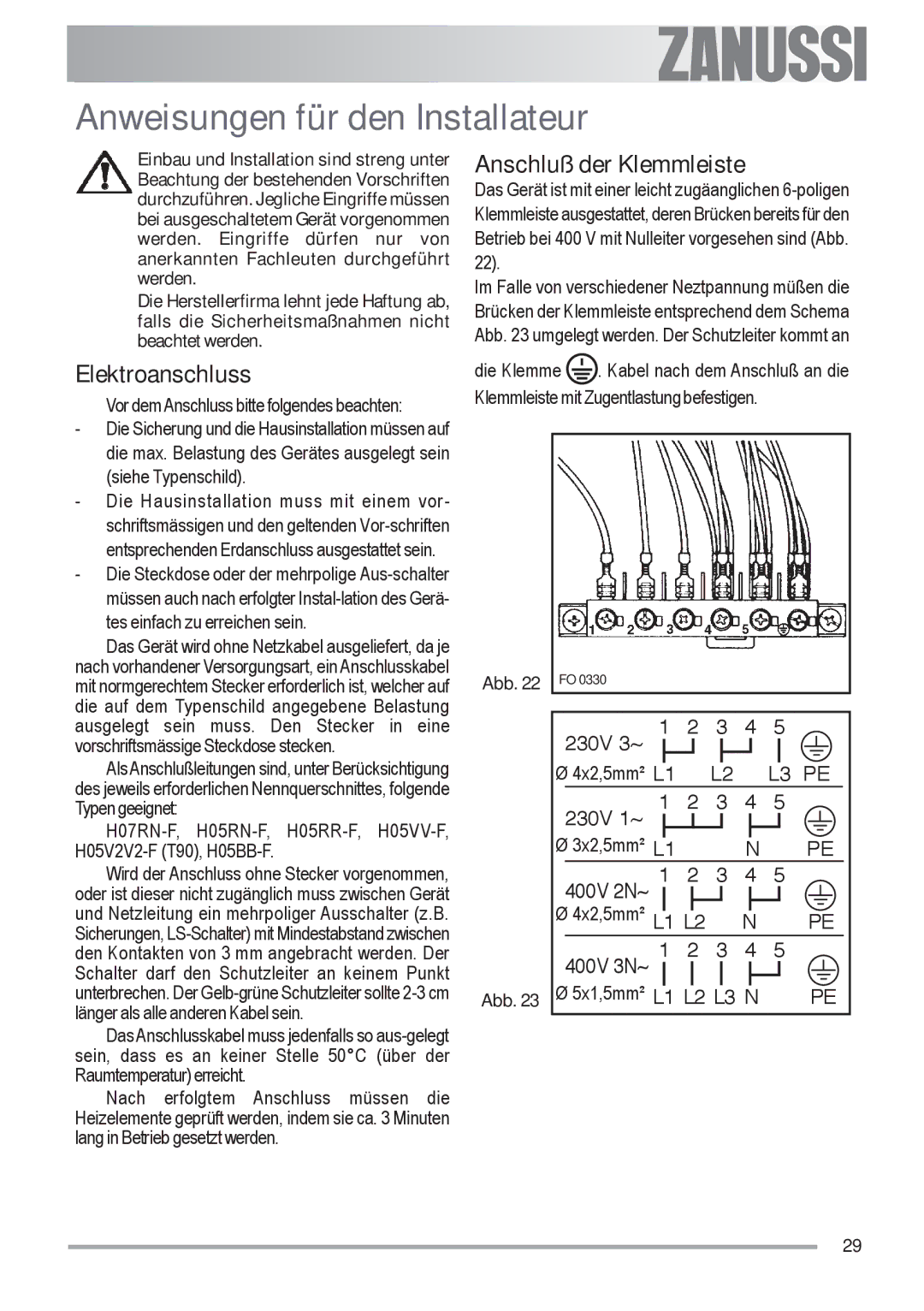 Zanussi ZOU 592 user manual Anweisungen für den Installateur, Elektroanschluss, Anschluß der Klemmleiste 