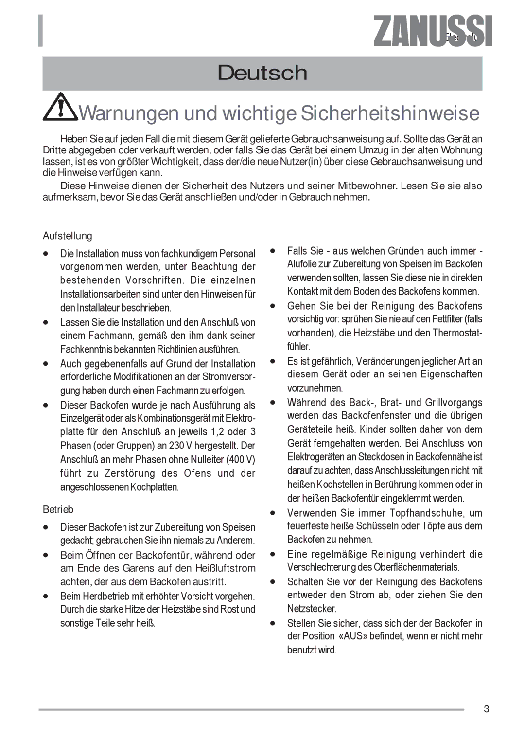 Zanussi ZOU 592 user manual Warnungen und wichtige Sicherheitshinweise, Betrieb 