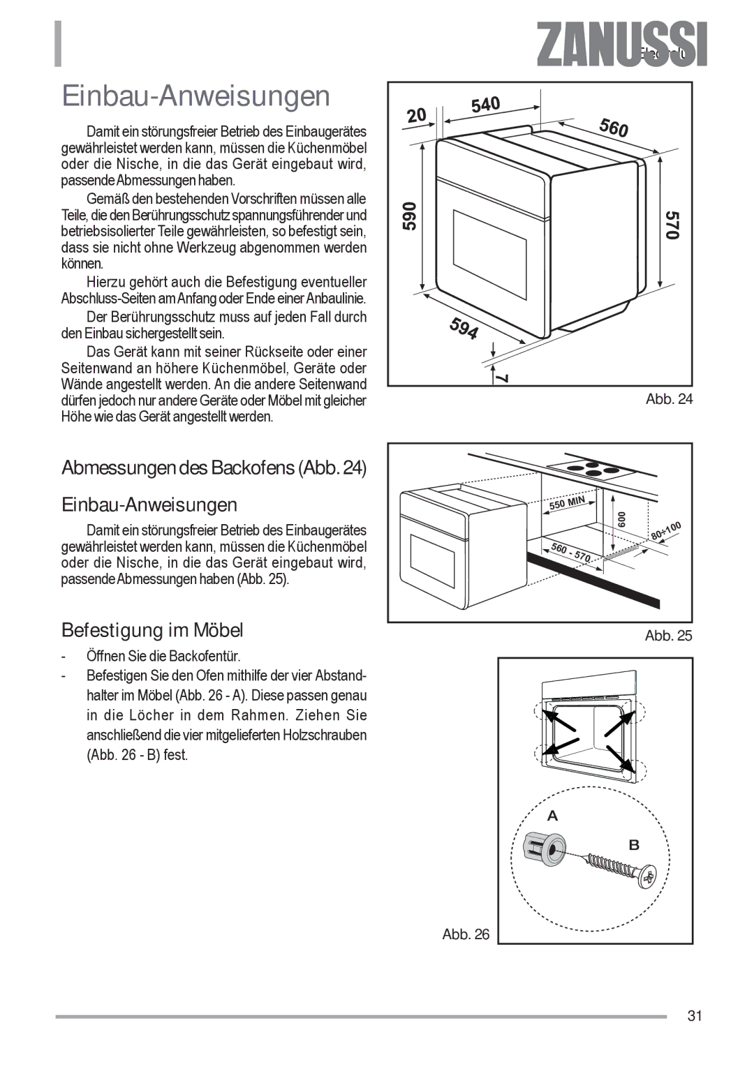 Zanussi ZOU 592 user manual Abmessungen des Backofens Abb Einbau-Anweisungen, Befestigung im Möbel 