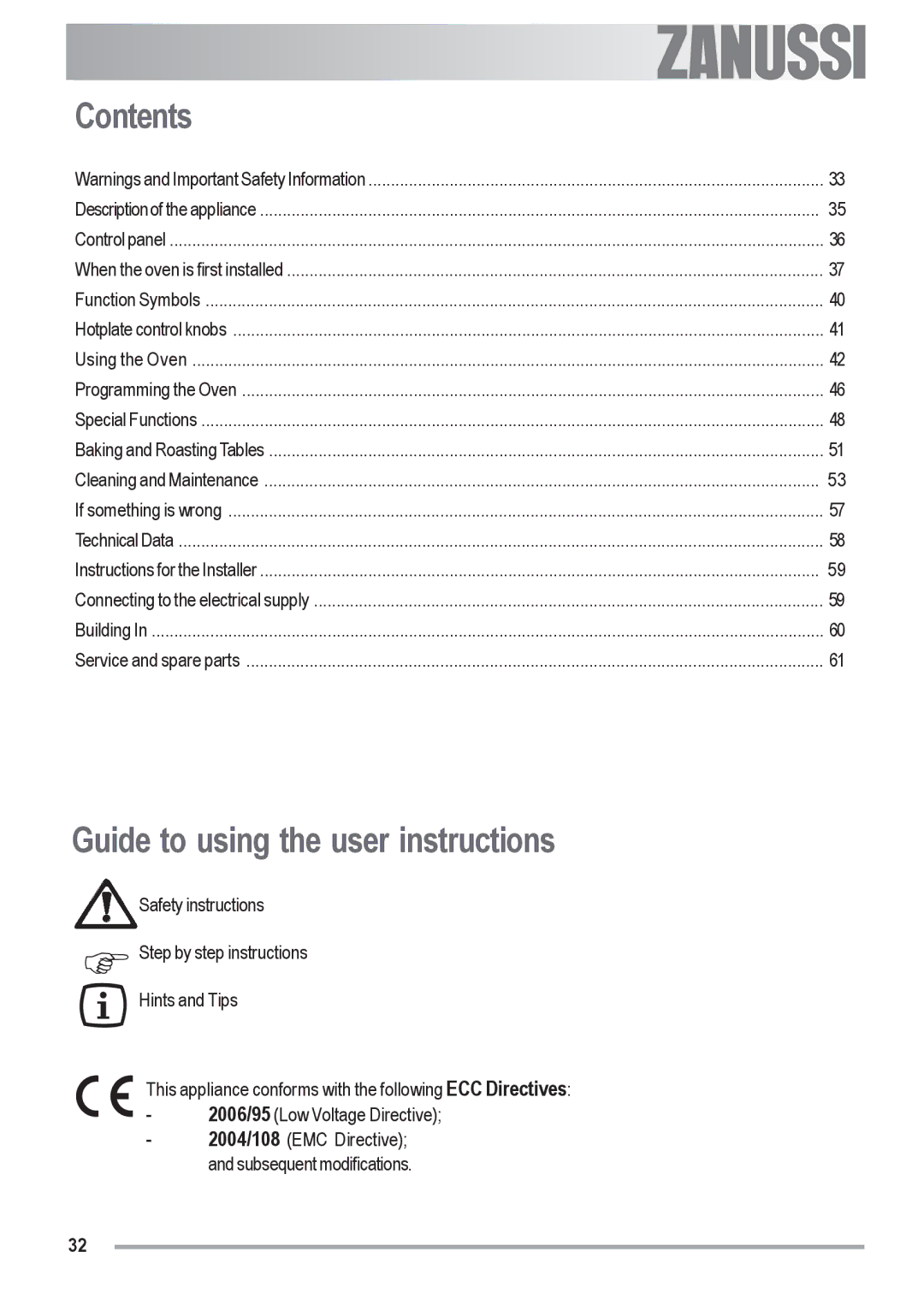 Zanussi ZOU 592 user manual Contents, Guide to using the user instructions 