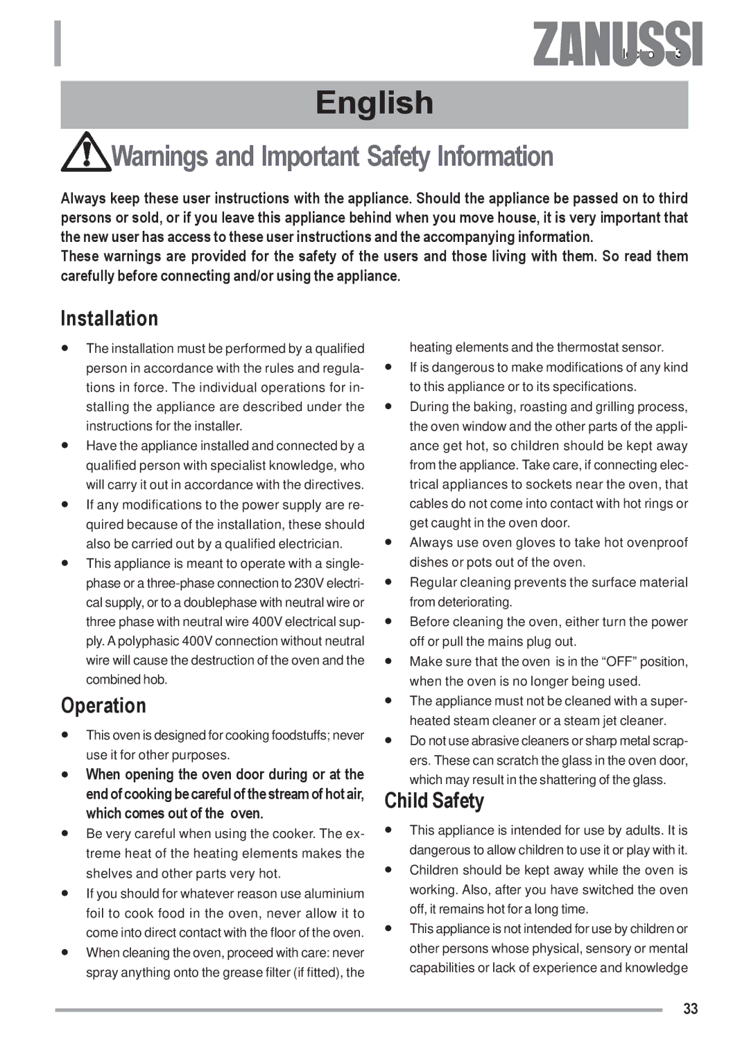 Zanussi ZOU 592 user manual Installation, Operation, Child Safety 