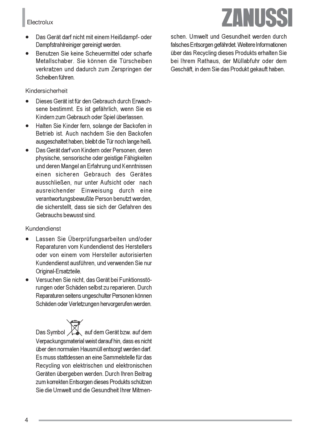 Zanussi ZOU 592 user manual Kindersicherheit, Kundendienst 