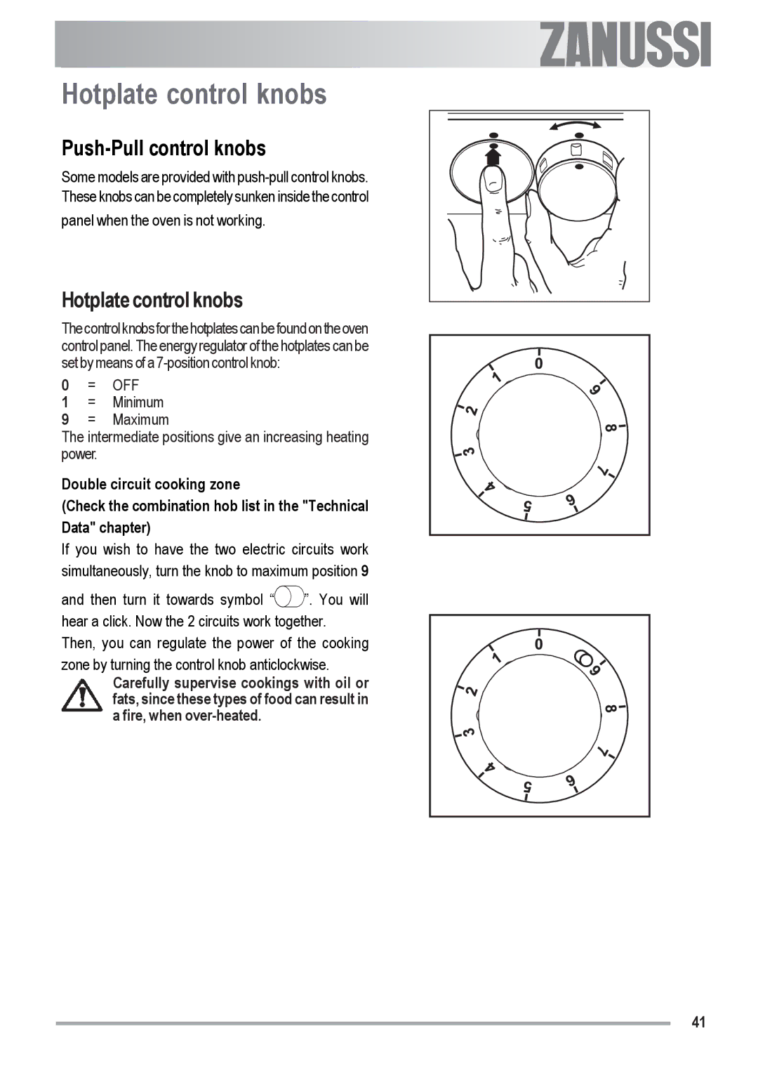 Zanussi ZOU 592 user manual Hotplate control knobs, Push-Pull control knobs 